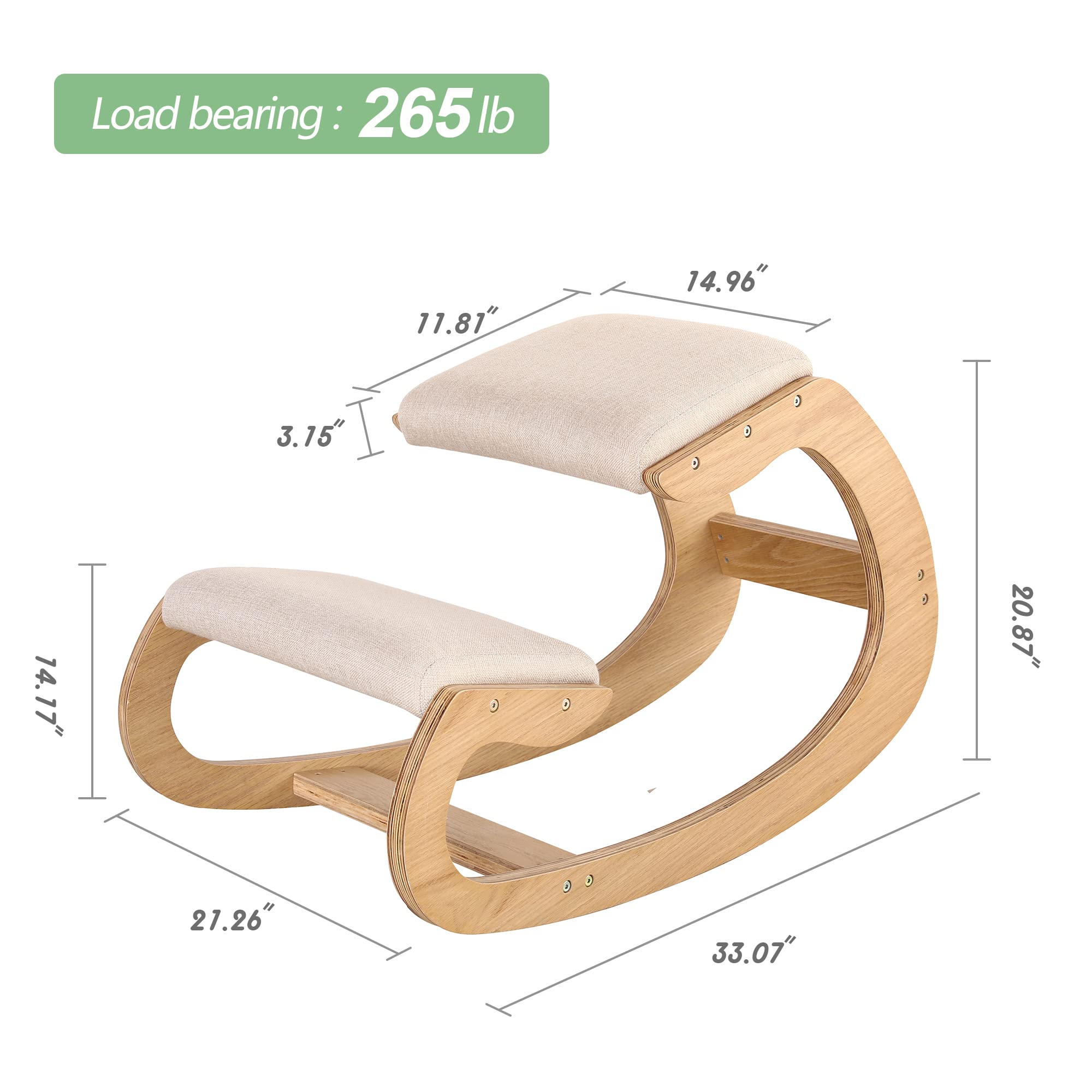 Ergonomic Kneeling Chair for Home Office - Adjustable Rocking Stool with Wooden Frame & Linen Cushion - Posture Corrector for Back & Neck Pain Relief - White Oak - Perfect for Meditation, Reading & Desk Work