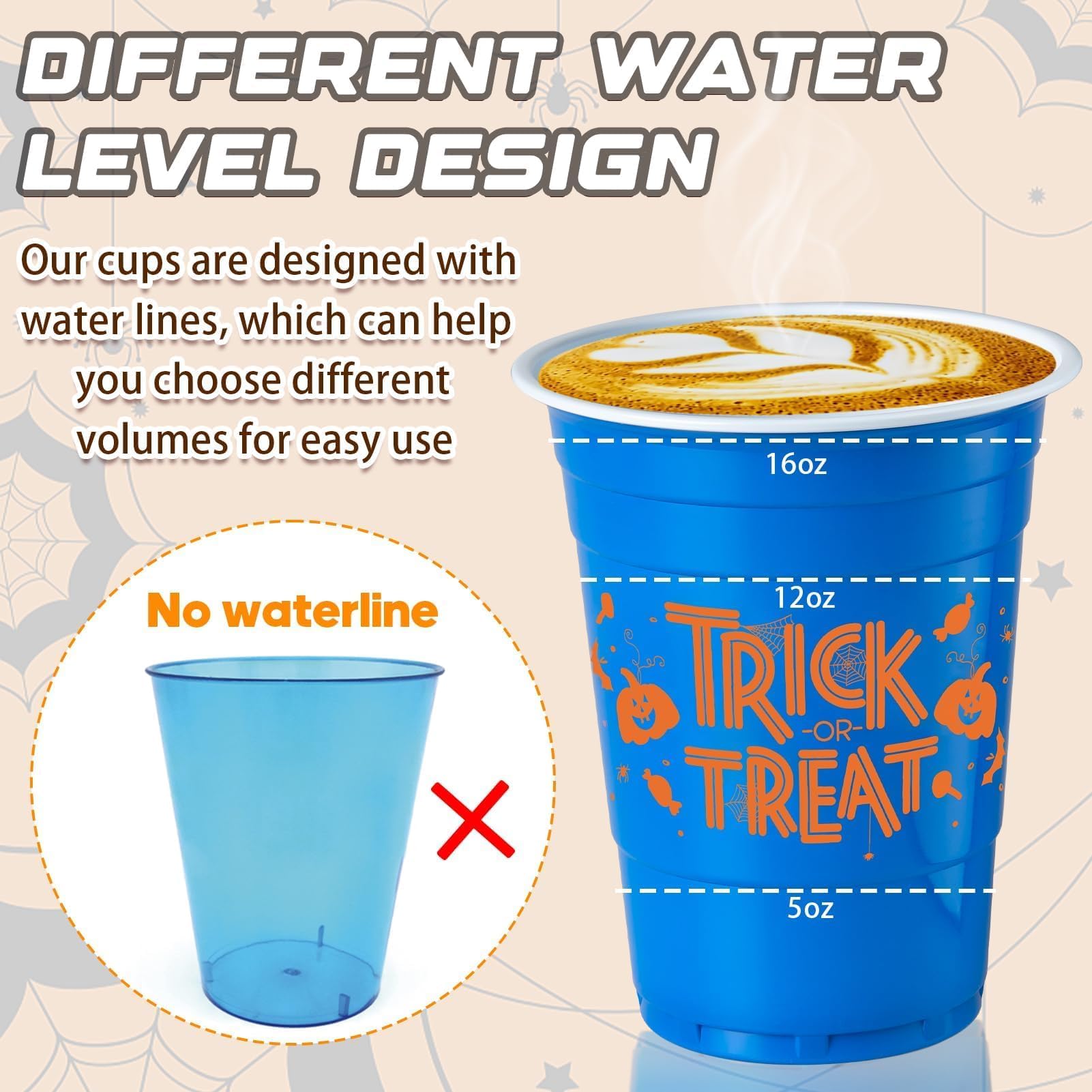 GuassLee 50 Pack Halloween Disposable Cups - 16Oz Colorful Plastic Party Cups Set (5 Styles) for Halloween Party, Coffee, Wine, Hot & Cold Drinks - Perfect for Halloween Celebrations, Office Parties, and Family Gatherings