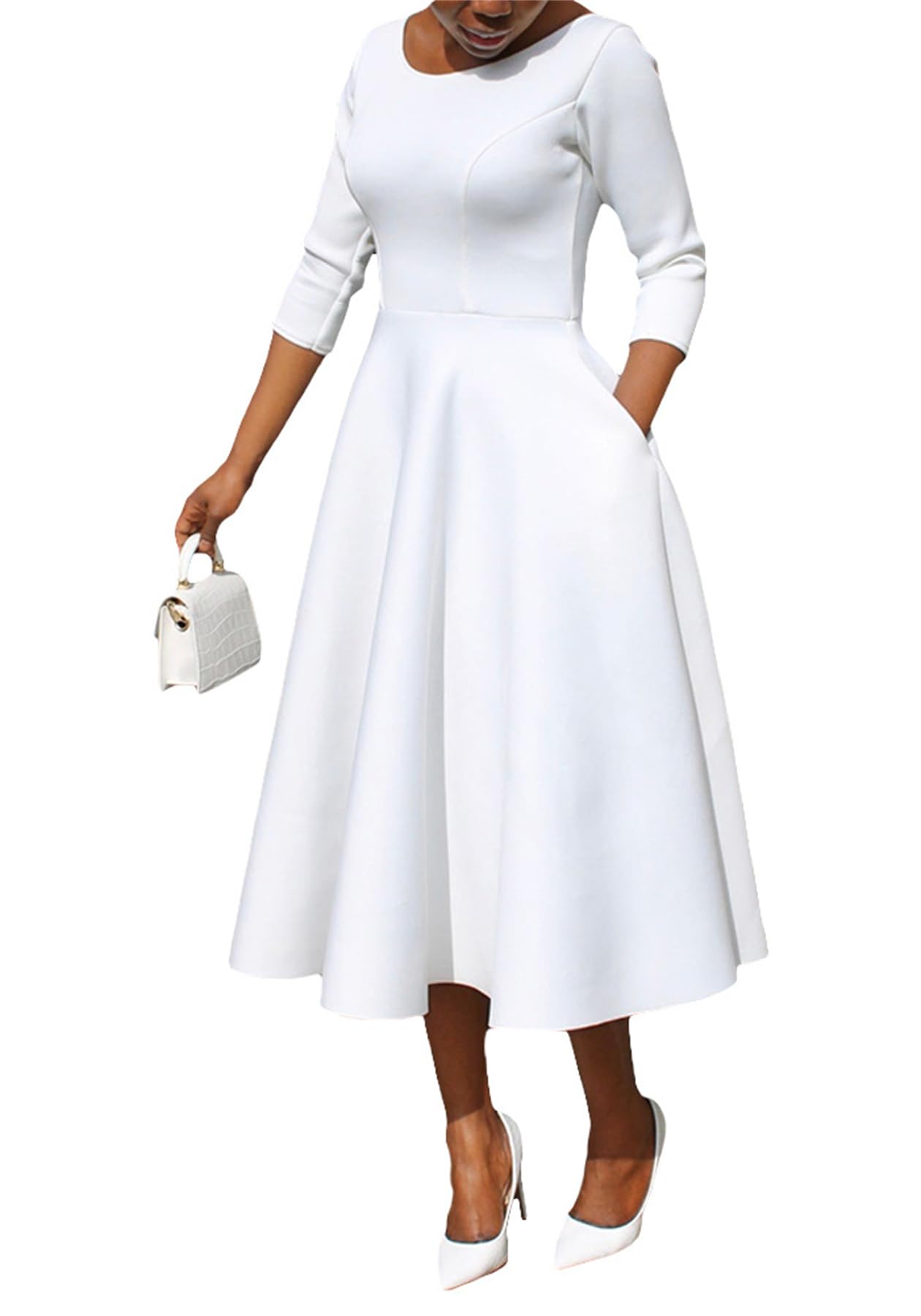 Elegant Women's Formal Maxi Dress for Fall 2023 | 3/4 Sleeve U-Neck Solid Color Swing Dress with Pockets | Perfect for Wedding Guest, Party & Office Wear
