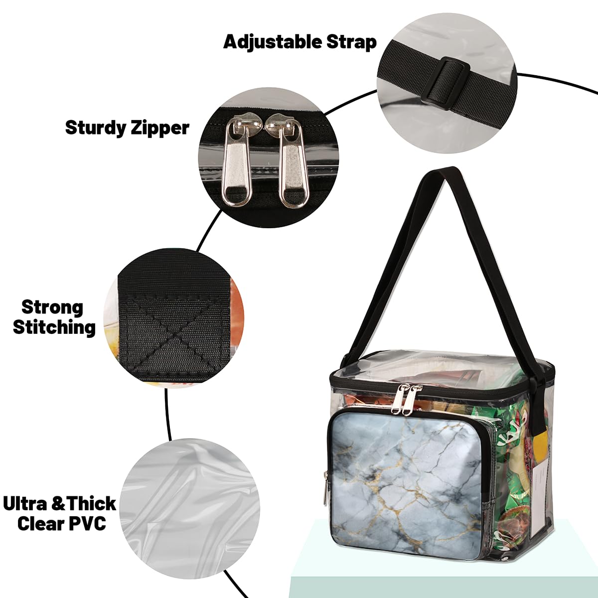 GzLeyigou Clear Tote Bag with Gold Marble Design - Transparent Crossbody Shoulder Bag for Women, Fashionable Handbag for Outdoor, Travel, Picnic, Concerts & Sports Events | Stadium Approved Lunch Bag | Waterproof & Durable