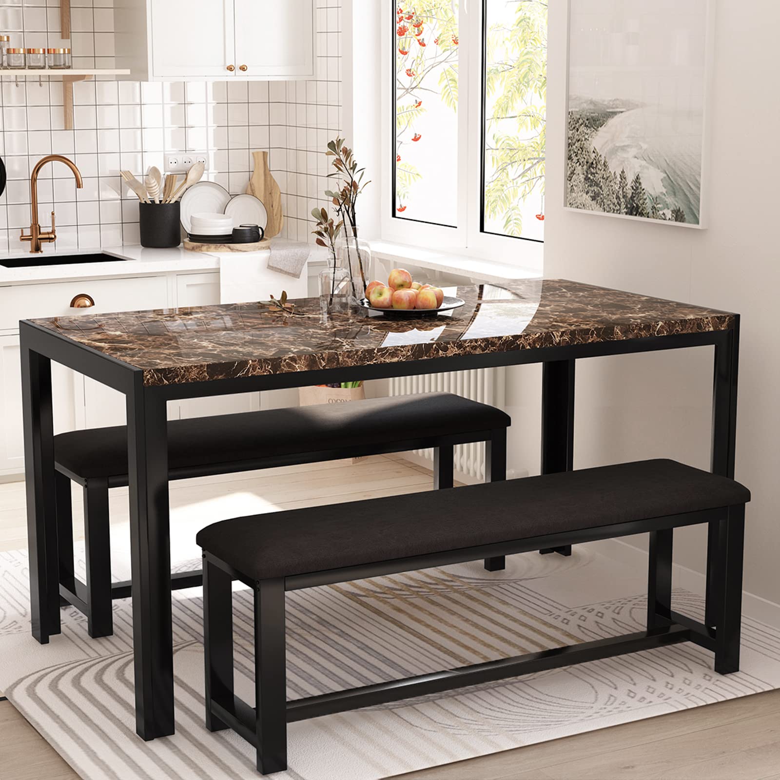 Modern 4-6 Person Dining Table Set with 2 PU Leather Benches - Faux Marble Top Breakfast Nook Set for Small Spaces & Apartments (Brown) - Perfect for Compact Homes, Studio Apartments & Cozy Kitchen Dining Areas