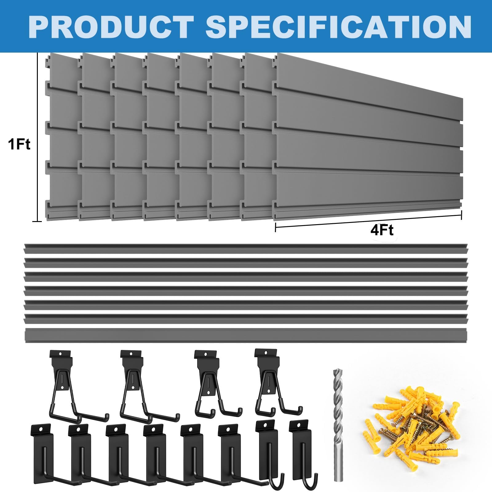 Duzzy 4' x 8' PVC Slatwall Panels - Heavy Duty Garage Wall Storage System with Slatwall Hooks & Hangers (Grey) - Perfect for Garage Organization, Retail Displays & Workshop Storage Solutions