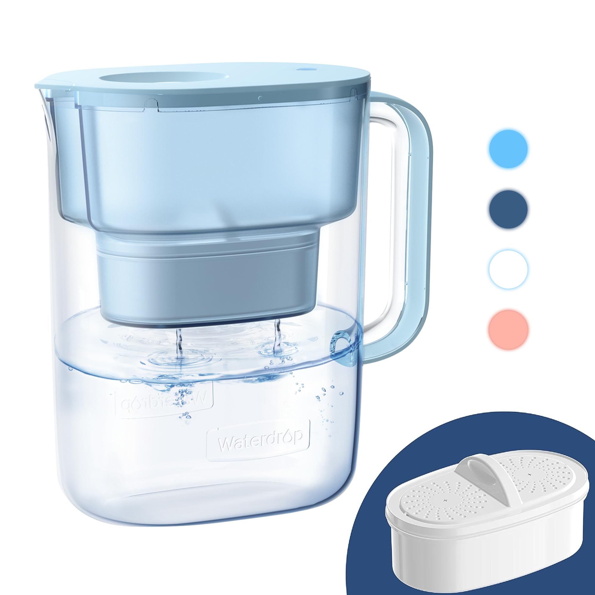 Premium Waterdrop Water Filter Pitcher with 1 Filter - 200-Gallon Capacity, 10-Cup Large NSF Certified Pitcher - Reduces PFOA, PFOS, Chlorine & Impurities - Perfect for Home, Office & Kitchen Use - Blue