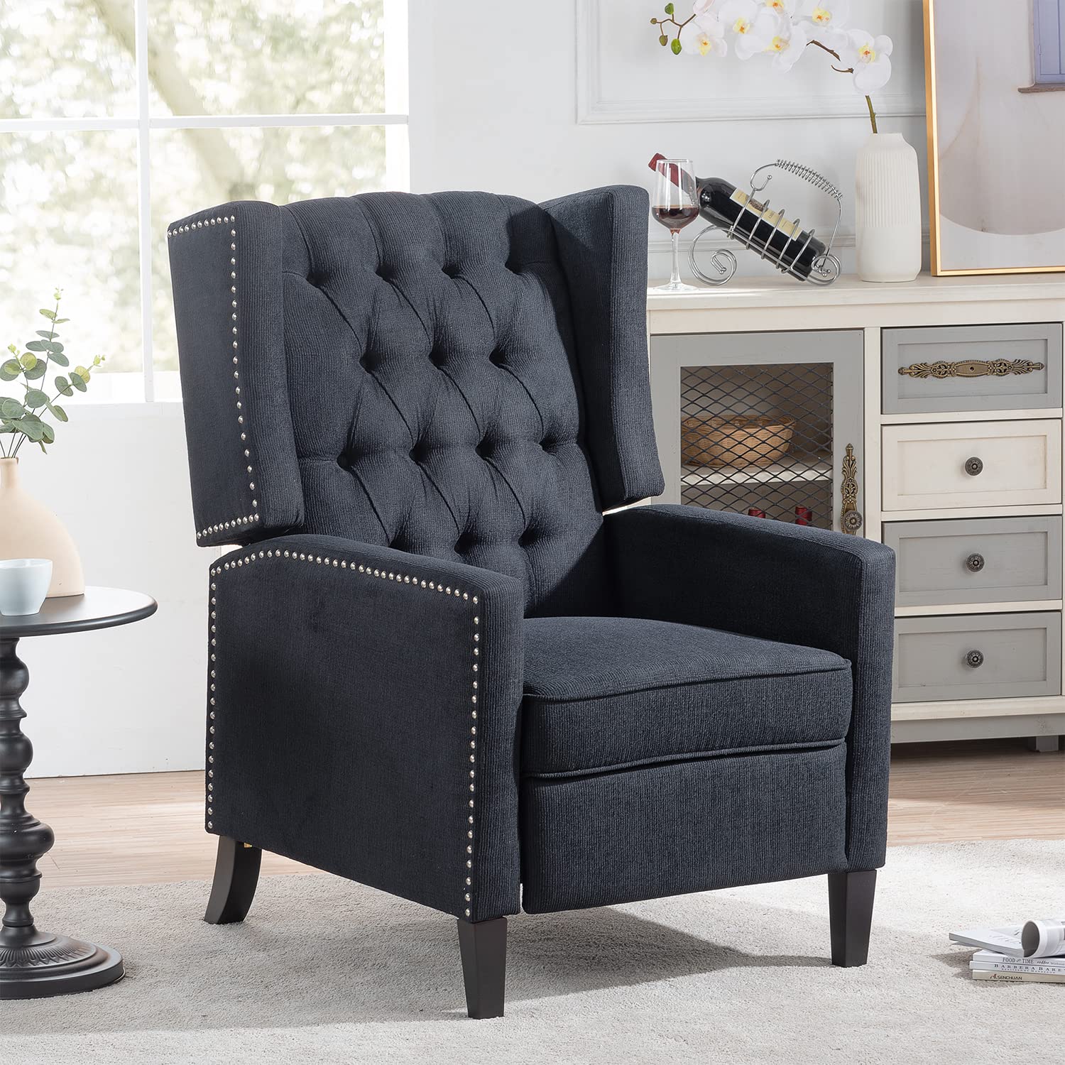 Black Fabric Recliner Chair for Adults - Mid-Century Modern Wingback Accent Chair with Tufted Design, 27