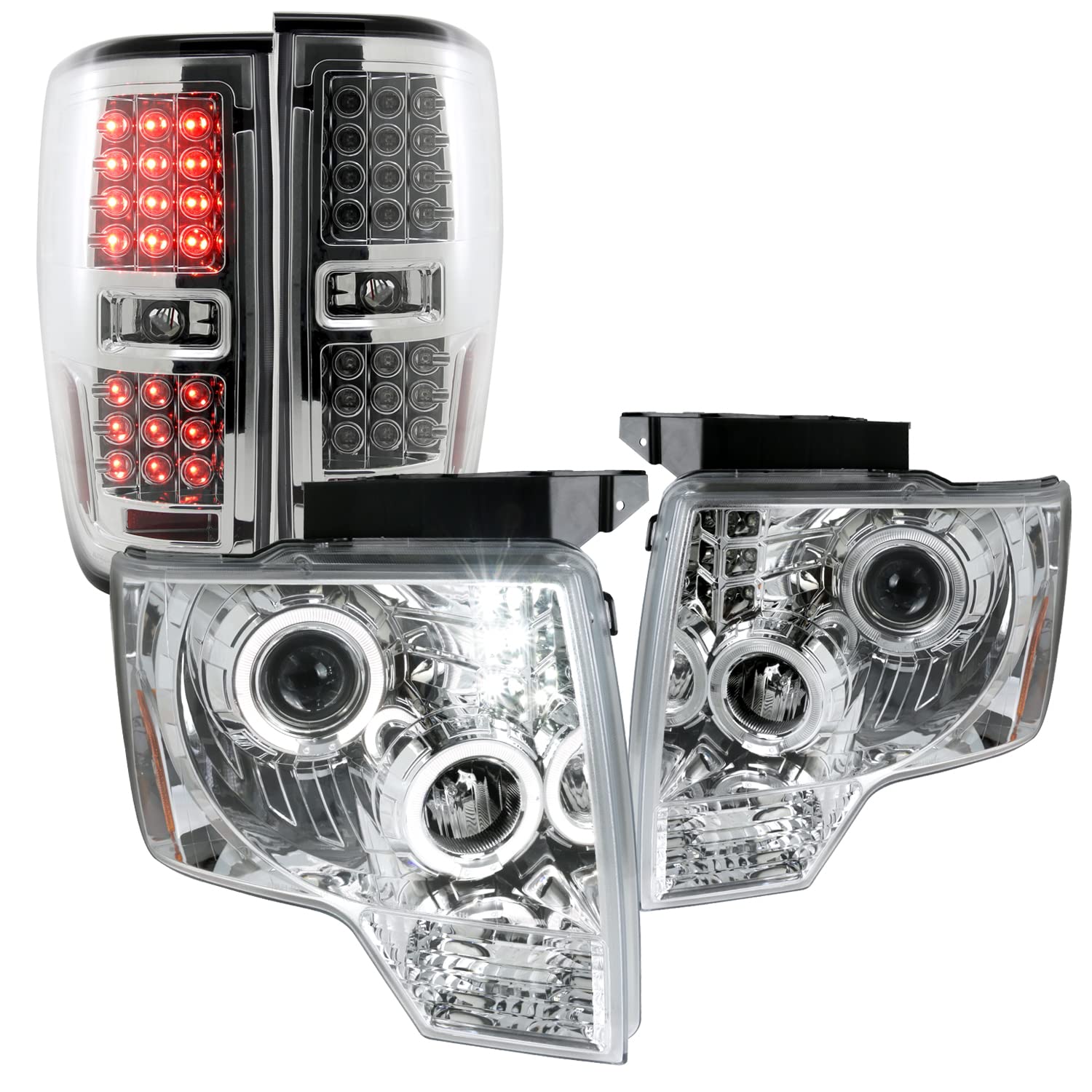 Spec-D Tuning Dual Halo Projector Headlights with Clear Full LED Tail Lights - Compatible with 2009-2012 Ford F150 (Left & Right Pair) - Headlamp Assembly for Enhanced Night Visibility & Stylish Look