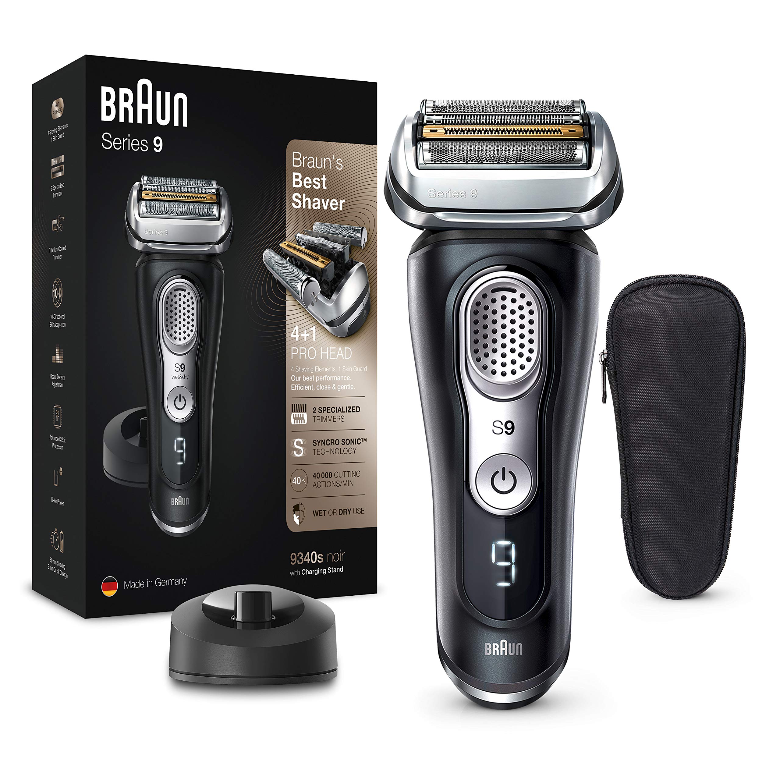 Braun Series 9 Electric Shaver for Men with Precision Trimmer - Wet & Dry Waterproof Shaver with Charging Stand & Travel Case - UK 2 Pin Plug (Model 9340s, Black) - Perfect for Travel, Home & Office Use