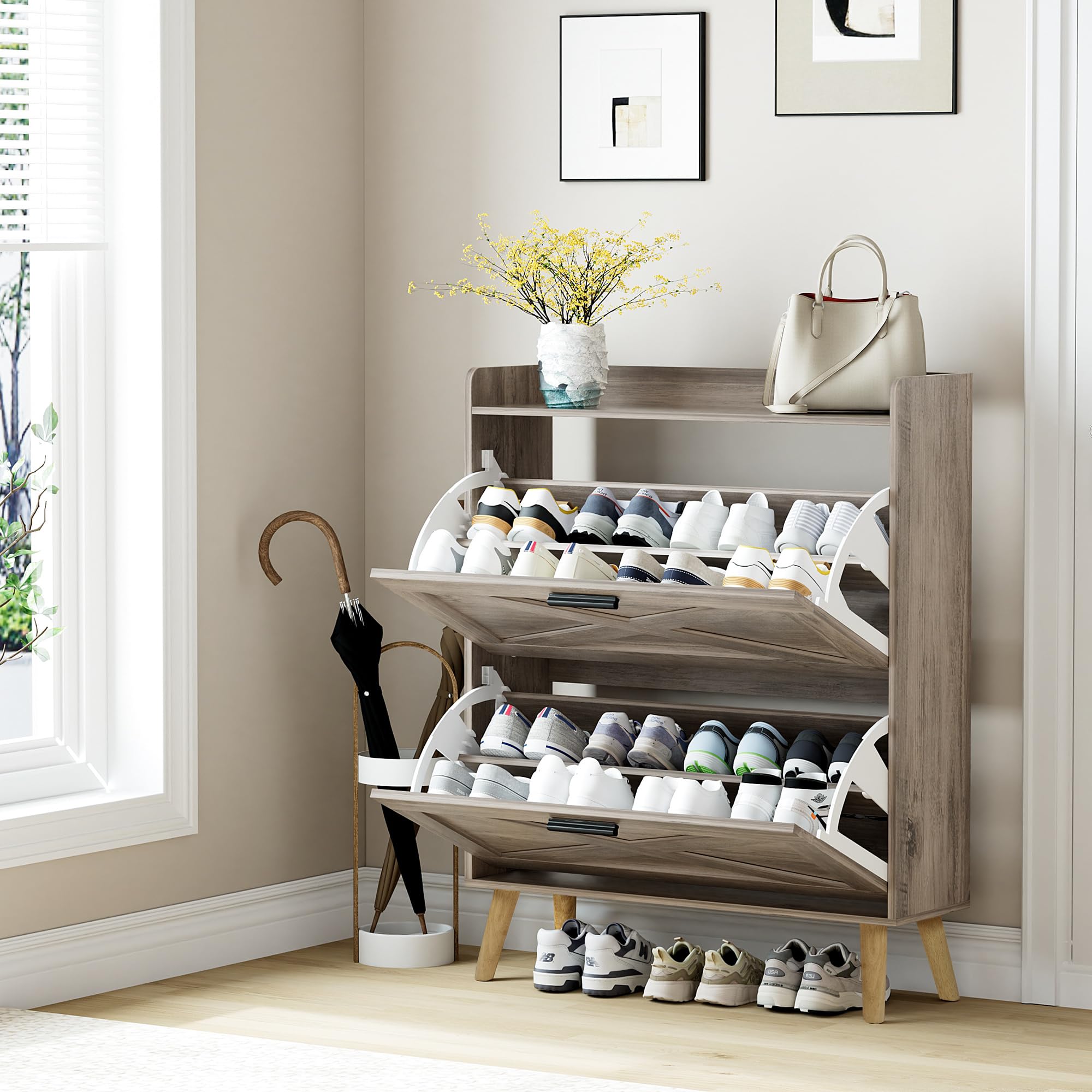 Farmhouse Shoe Cabinet with Barn Door & Adjustable Shelves - Slim Entryway Storage for Hallway & Living Room