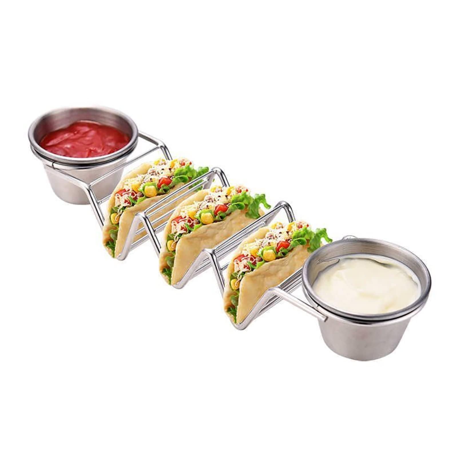 Stainless Steel Taco Stand Holder with Sauce Tray - 6 Slot Taco Rack for Baking, Serving & Party Display - Perfect for Taco Night, Mexican Fiesta, BBQ & Family Gatherings