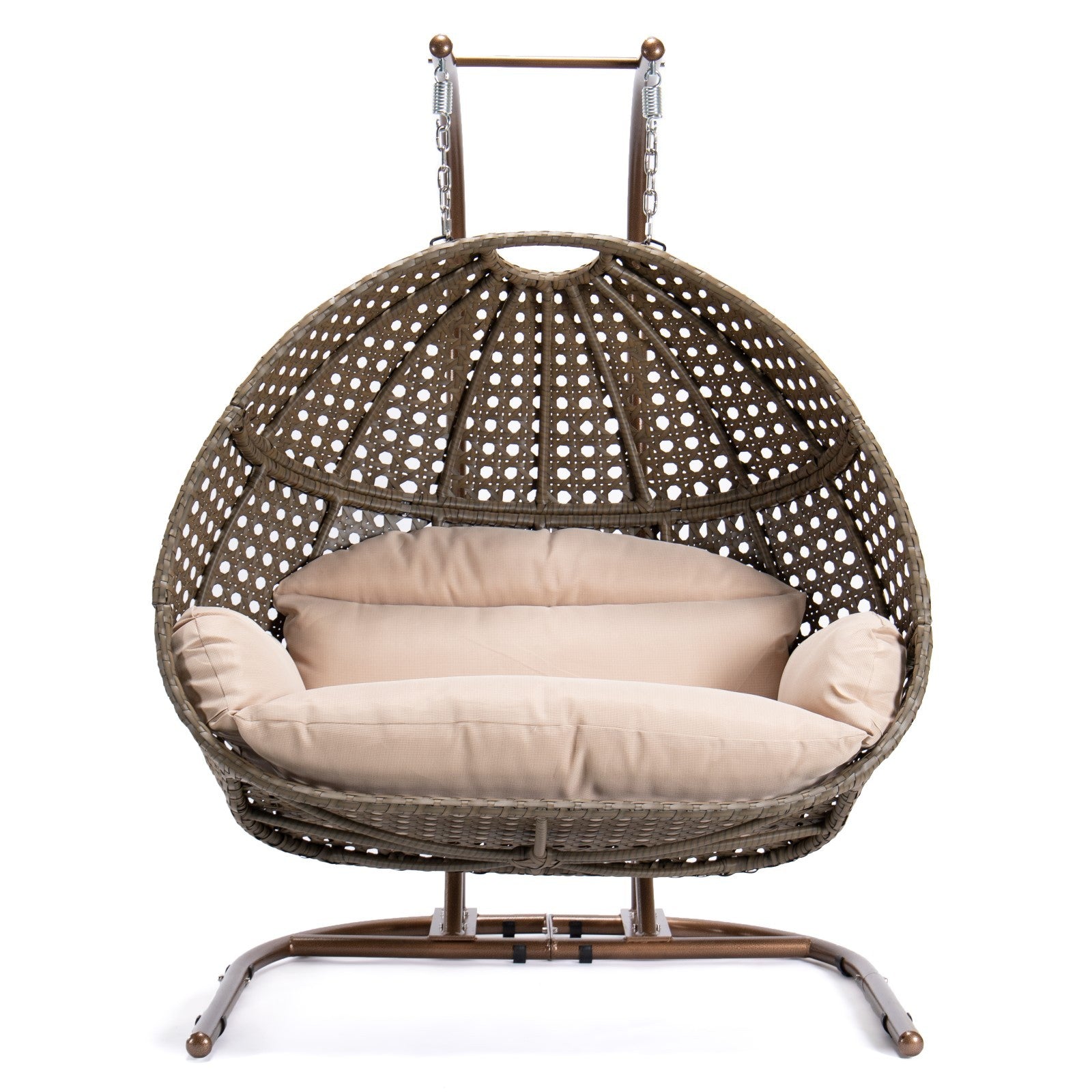 Brown Wicker Hanging Double Seat Swing Chair with Stand & Beige Cushion - Outdoor Patio Furniture for Garden, Backyard, Porch Relaxation
