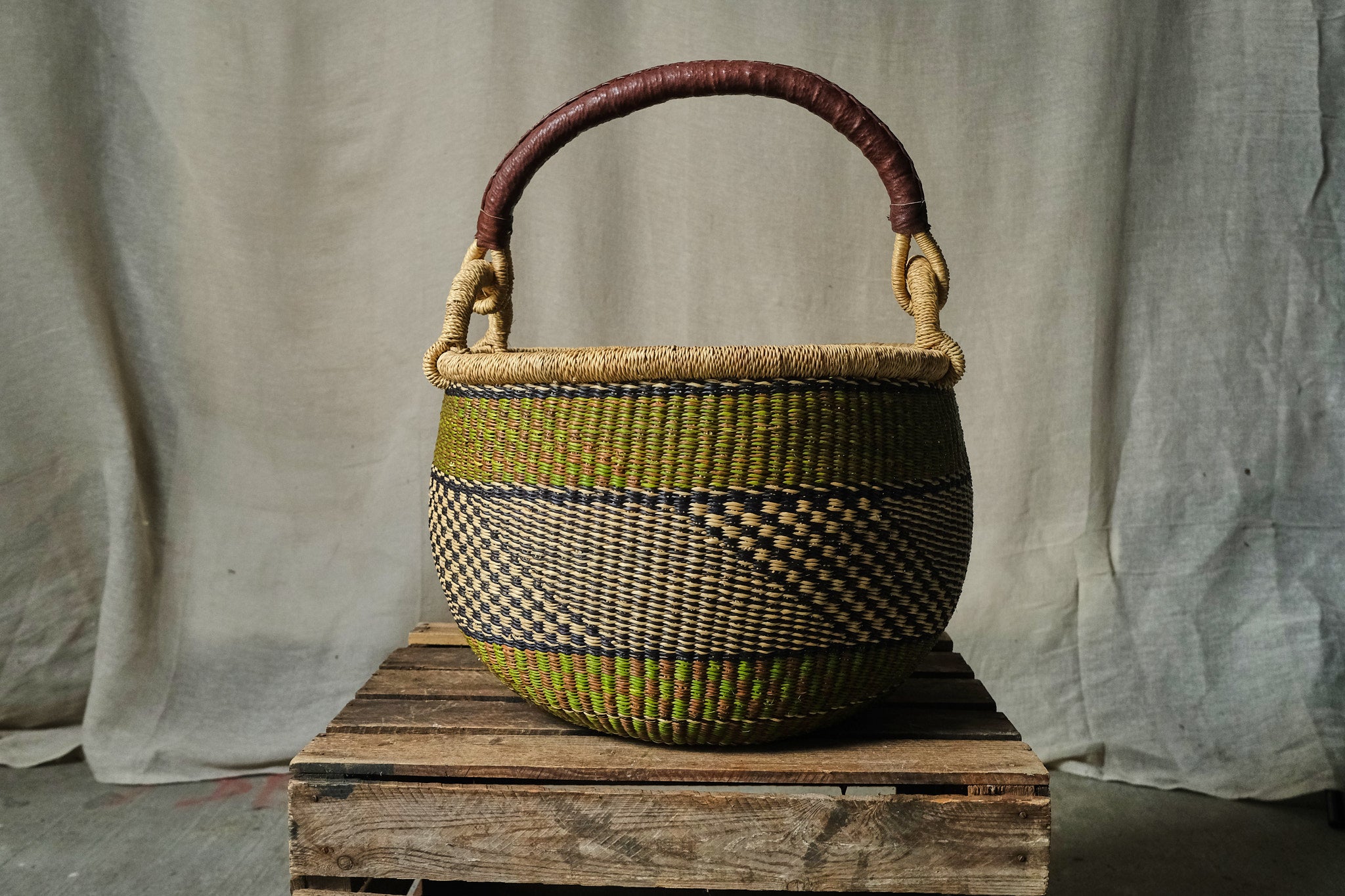 Handwoven Eco-Friendly Shopping Basket - Lime Green, Brown & Black - Perfect for Groceries, Picnics & Beach Trips