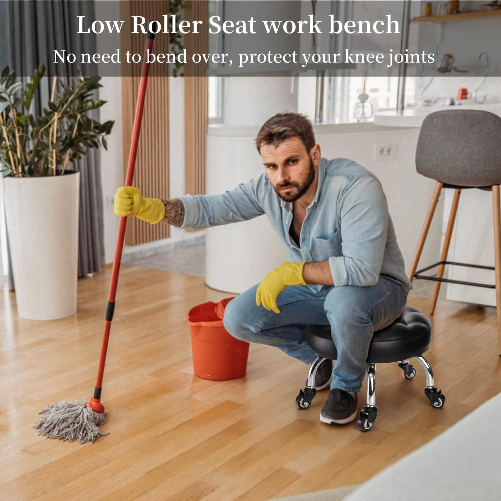 360° Swivel Rolling Stool - PU Leather Low Height Rolling Chair with Casters - 9