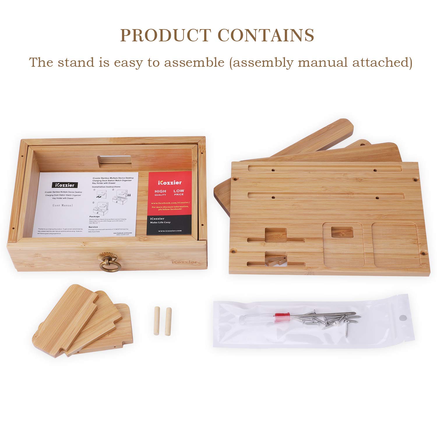 iCozzier Bamboo Multi-Device Charging Station & Organizer - Universal Dock for Apple Watch, AirPods, iPhone, iPad, Tablets & Kindle - Compact Desktop Storage with Drawer for Keys & Accessories - Perfect for Home, Office & Travel Organization