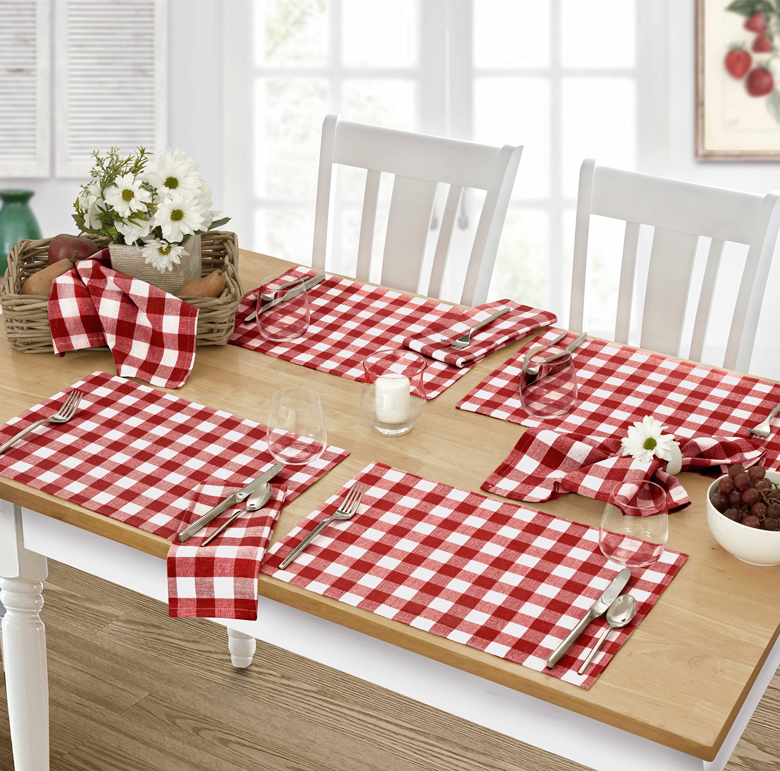 Rustic Buffalo Plaid Cotton Placemats - Set of 4 Red Checkered Cottage Gingham Table Mats - Easy Care Washable Fabric for Farmhouse Dining, Kitchen Decor, Holiday Table Setting & Cozy Home Entertaining
