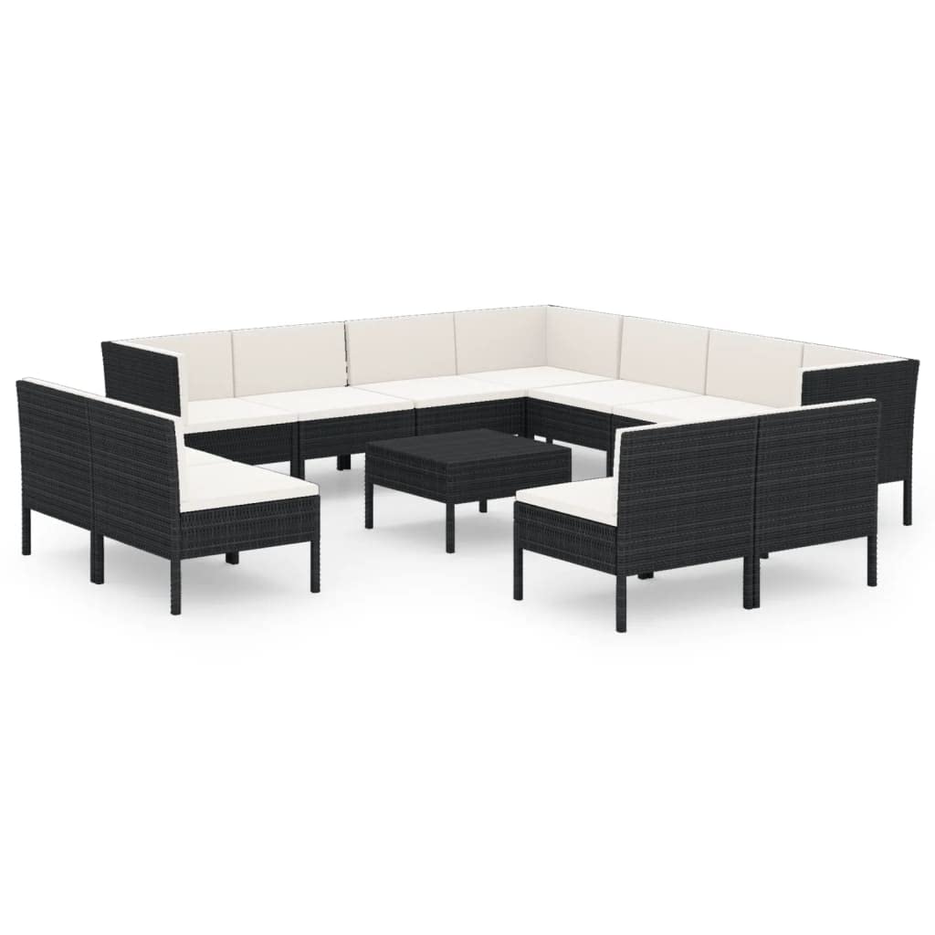 12-Piece VidaXL Patio Lounge Set with Cushions - Black Poly Rattan Outdoor Wooden Sofa Seating for Garden, Terrace & Backyard Relaxation