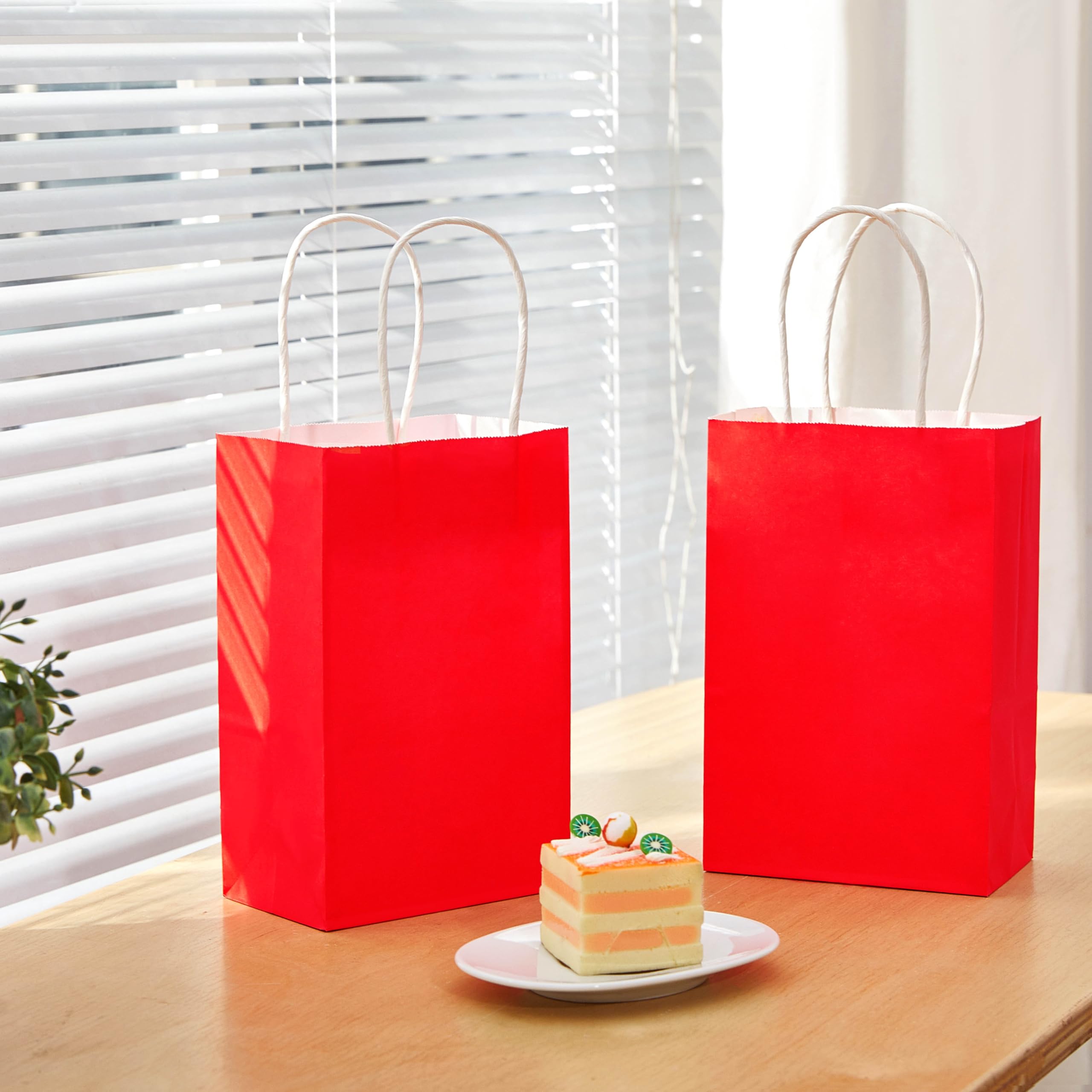 24 Pack 8 Inch Red Party Favor Bags with Handles - Small Gift Bags for Birthday, Valentine's Day, Baby Shower & Wedding Favors - Bulk Goodie Bags for Candy, Toys & Treats (Red)