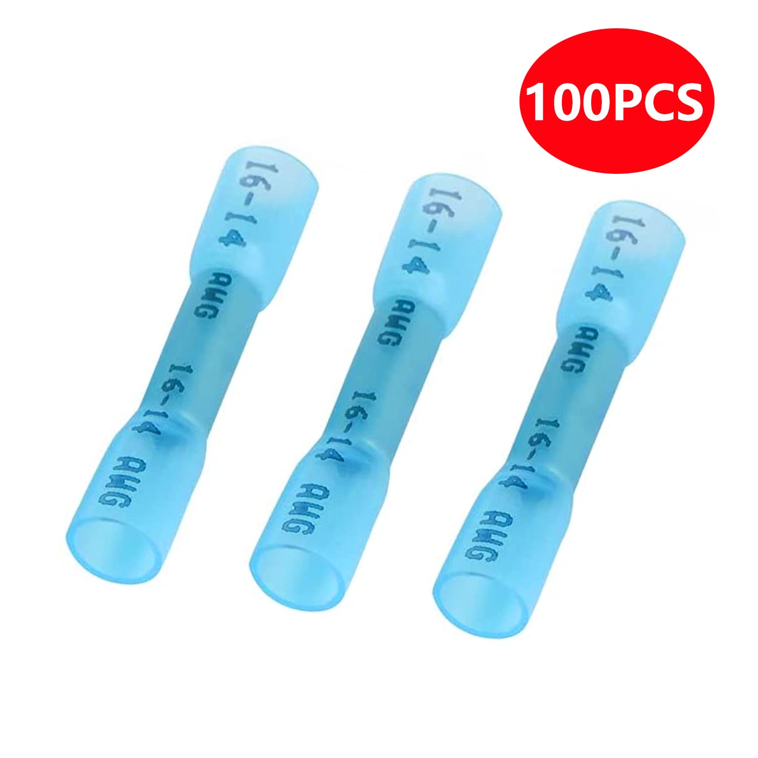 100PCS Heat Shrink Butt Connectors 16-14AWG - Waterproof Wire Connectors Terminals for Automotive & Marine - Insulated Electrical Crimp Terminals Butt Splices (Blue) - Perfect for Car Wiring, Boat Electrical & Outdoor DIY Projects