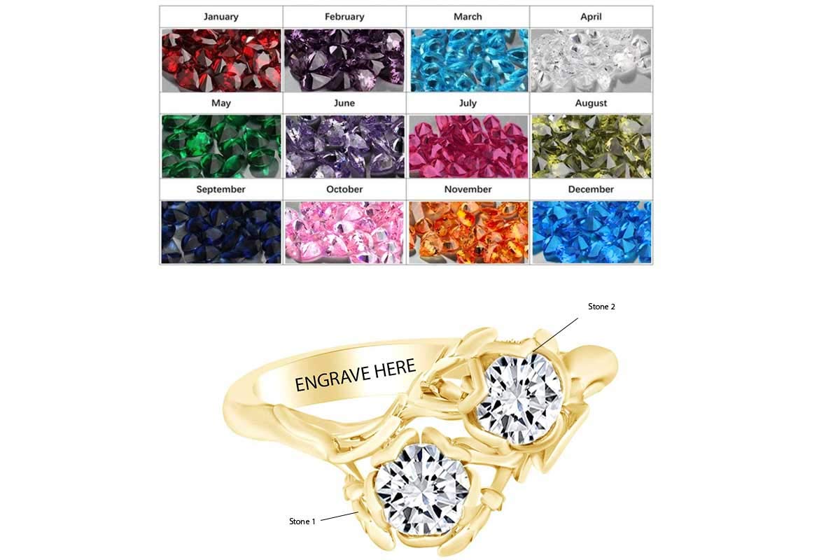 Personalized Simulated Birthstone Name Engraved Floral Promise Ring - 14K Gold Over Sterling Silver Jewelry for Women | Romantic Gift for Anniversary, Valentine's Day & Special Occasions