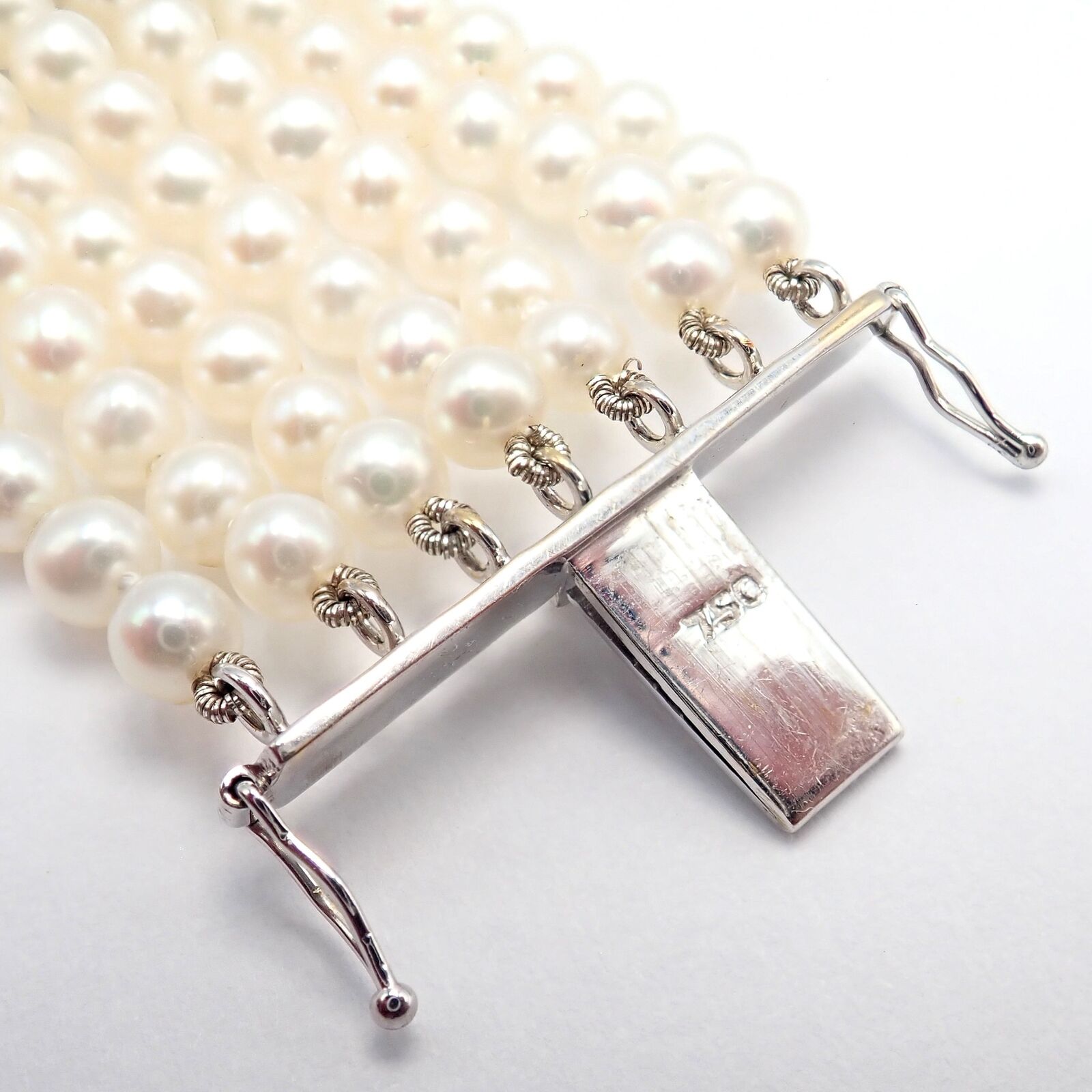 Vintage 18k White Gold Diamond & Pearl Bracelet - 7 Rows 4.5mm Pearls, Elegant Estate Jewelry for Women - Perfect for Weddings, Anniversaries & Special Occasions