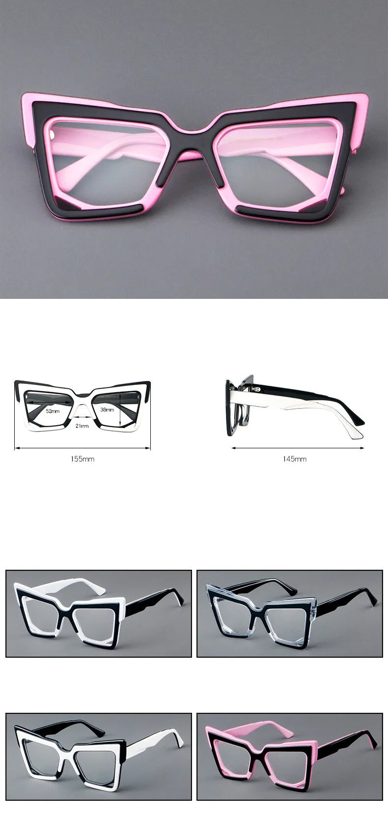 CCspace Unisex Full Rim Square Cat Eye Acetate Eyeglasses Frame 301622 - Stylish Retro Glasses for Women & Men, Perfect for Office, Reading & Fashion Accessories