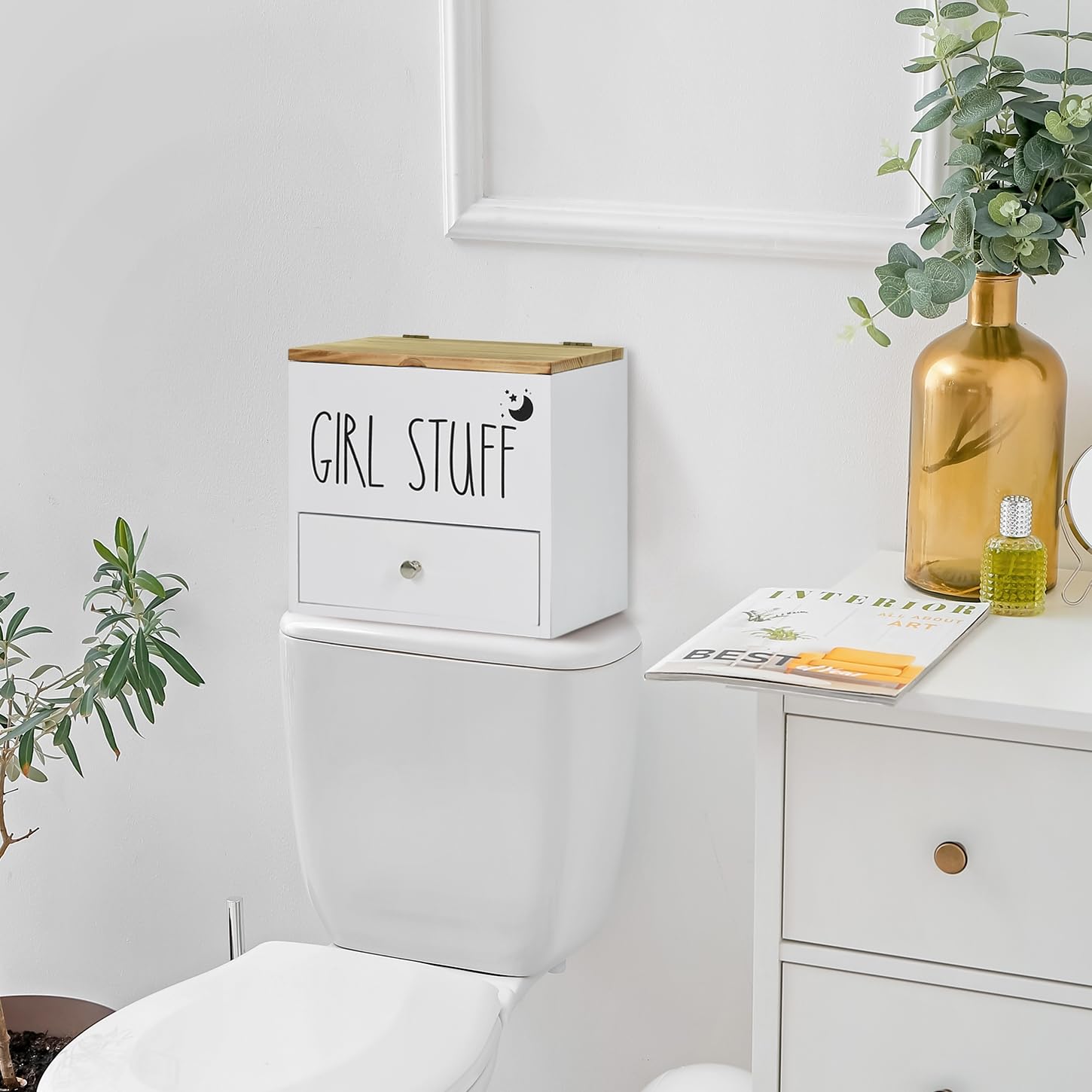 Wooden Feminine Product Organizer with Drawer & Lid - Tampon & Pad Storage Box, Cotton Ball/Swab Holder - Bathroom Decor & Organization for Women's Hygiene Essentials - Perfect for Vanity, Countertop or Shower Storage