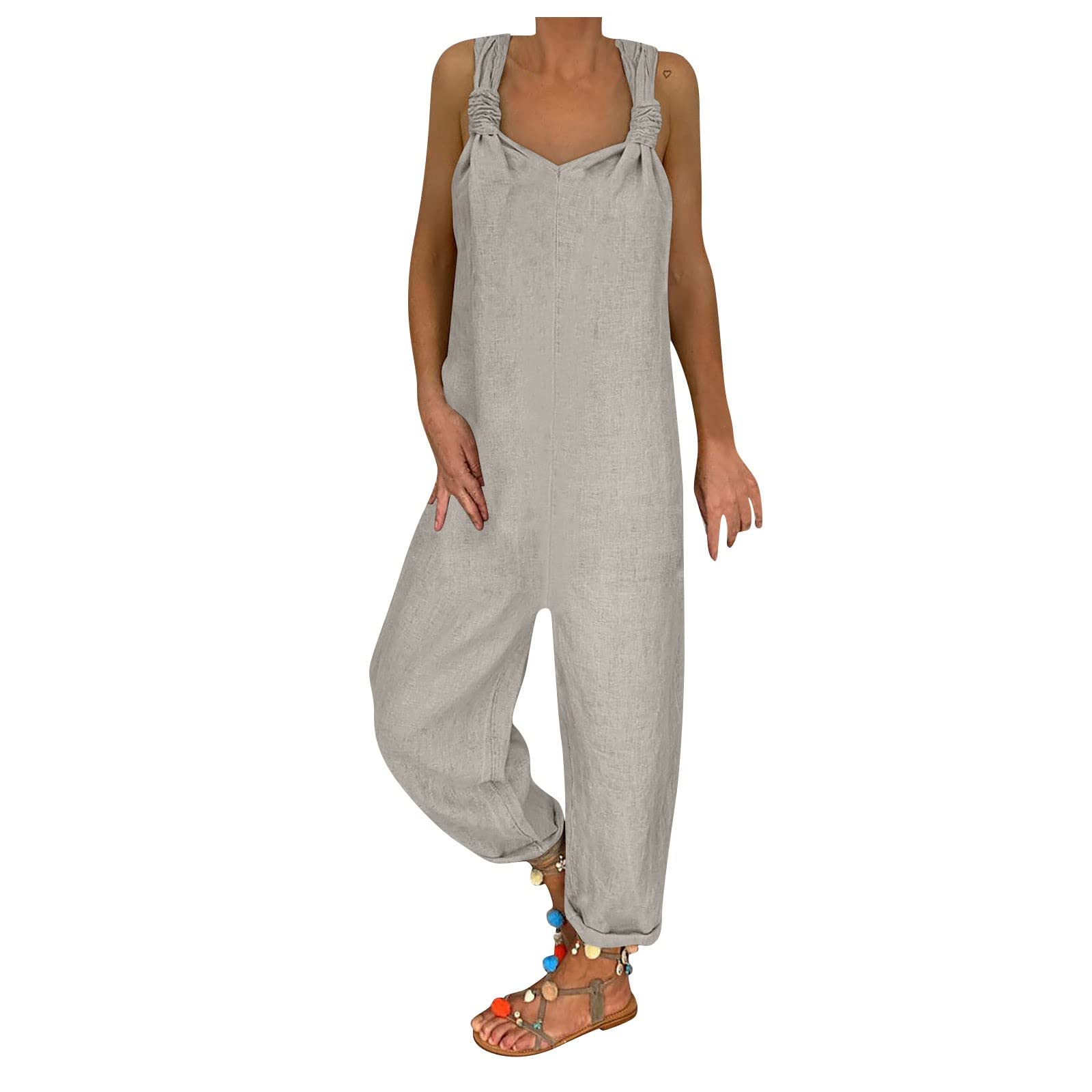 Sukilimiy Women's Summer Cotton Linen Shortalls - Casual Deep V Neck Lapel Jumpsuit Overalls for Women | Perfect for Beach, Vacation & Outdoor Activities