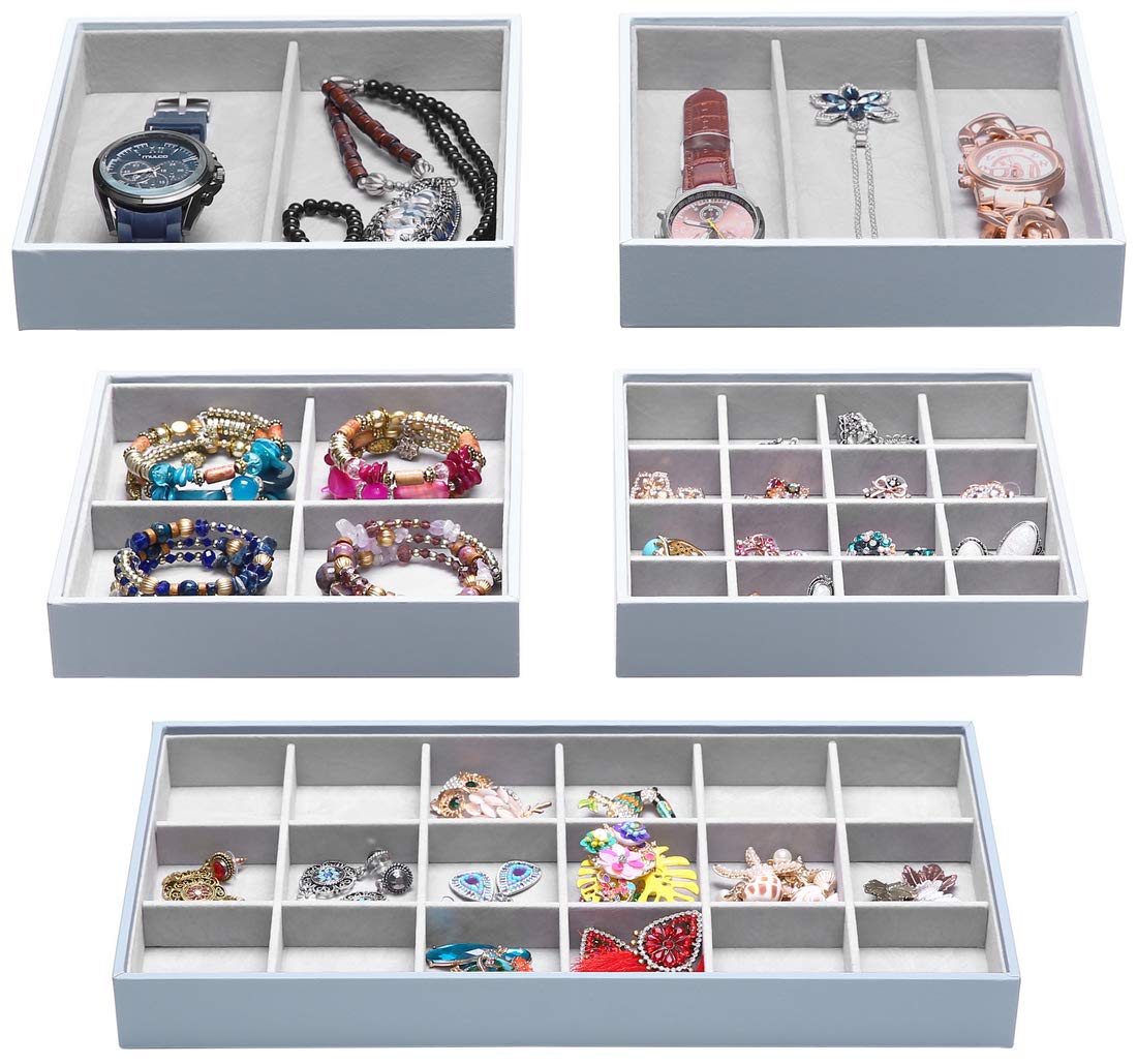 Magic Stackable Jewelry Organizer Trays - 5-Piece Set for Necklaces, Rings & Cosmetics | Closet & Dresser Drawer Storage | Perfect for Travel, Vanity & Gift Giving