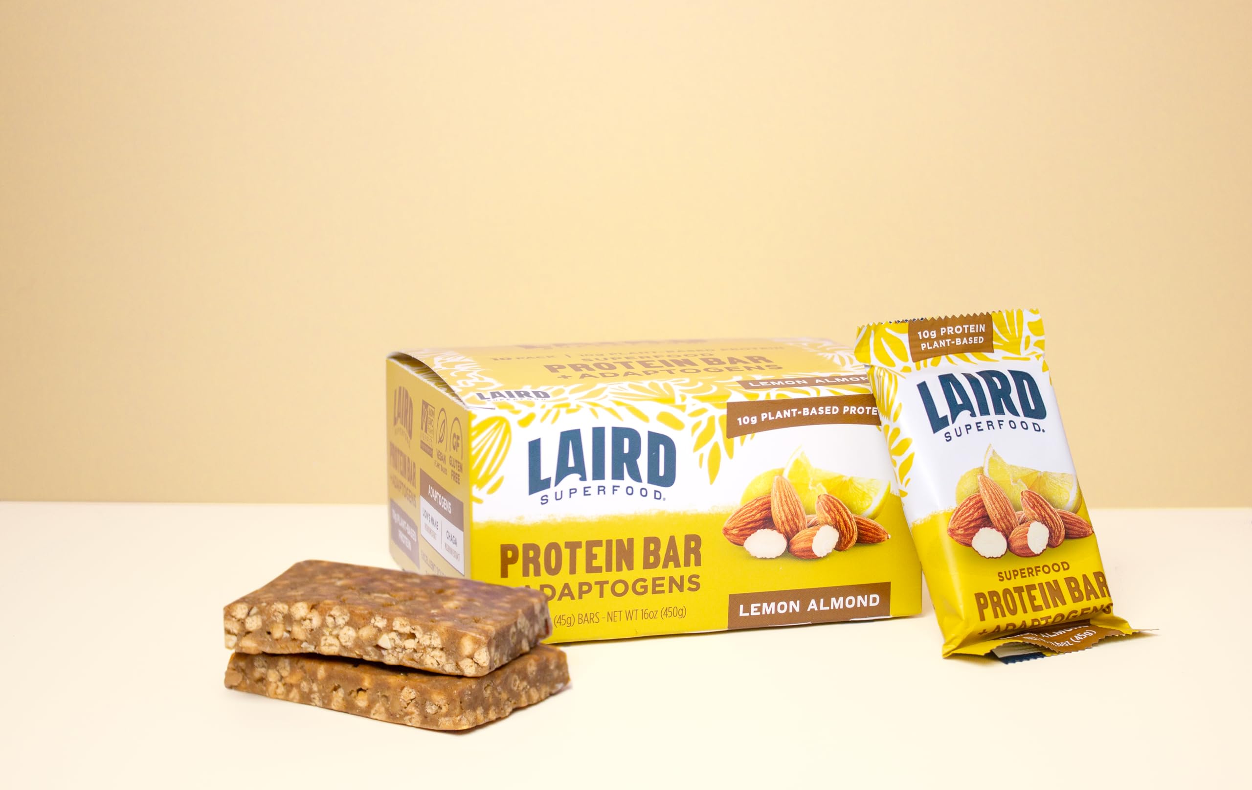 Laird Superfood Functional Protein Bars - 10g Plant-Based Protein, 6g Fiber, with Real Ingredients & Functional Mushrooms - Non-GMO, Vegan, Gluten-Free - Lemon Almond Flavor (10 Count Pack) - Perfect for Post-Workout Recovery, Hiking Snacks & Healthy On-the-Go Nutrition