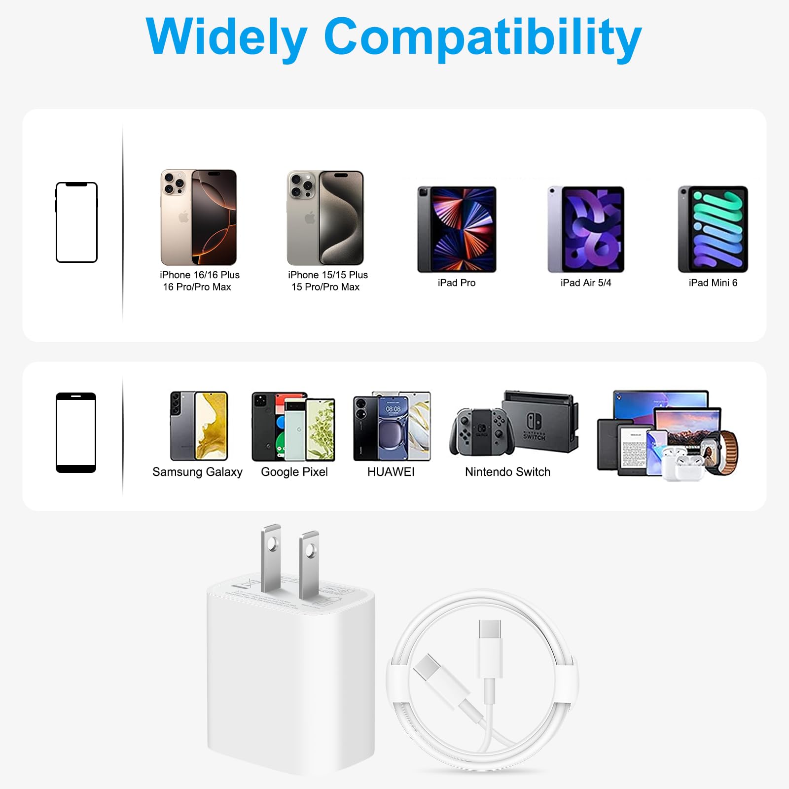 Fast Charging 20W USB C Wall Charger Block & 10ft Type C Cable (2-Pack) - Compatible with iPhone 16/16 Pro/16 Pro Max/15, iPad Pro/Air 5/4/Mini 6 - Perfect for Home, Office & Travel Charging