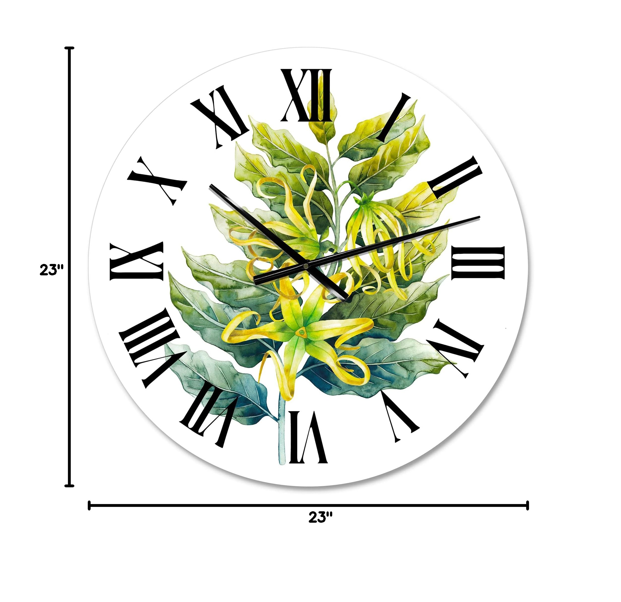 DesignQ Traditional Wall Clock 'Ylang Ylang Flower' - Large Floral & Botanical Wall Clock for Kitchen, Living Room, Bedroom Decor | Perfect for Home, Office & Gift Giving