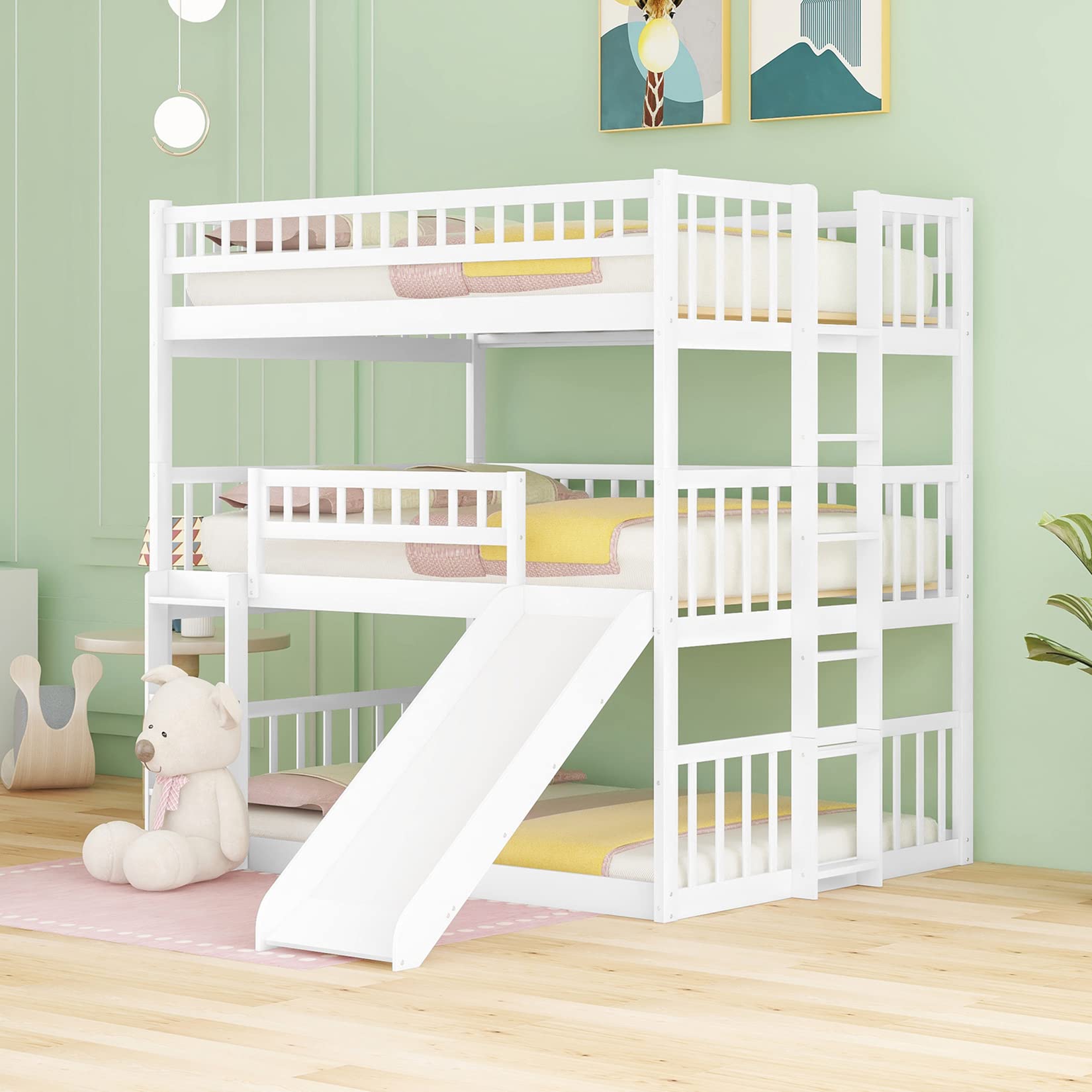 Triple Bunk Bed with Slide - Full Over Full Over Full Convertible Bunk Bed for Kids, Teens & Adults - Space-Saving White Bedroom Furniture for Small Rooms, Dorms & Vacation Homes