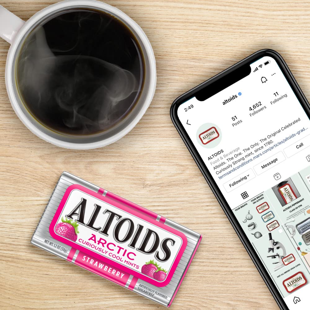 ALTOIDS Arctic Strawberry Breath Mints - Hard Candy in Bulk (1.2 oz Tin, Pack of 8) - Fresh Breath Solution for Office, Travel & After Meals