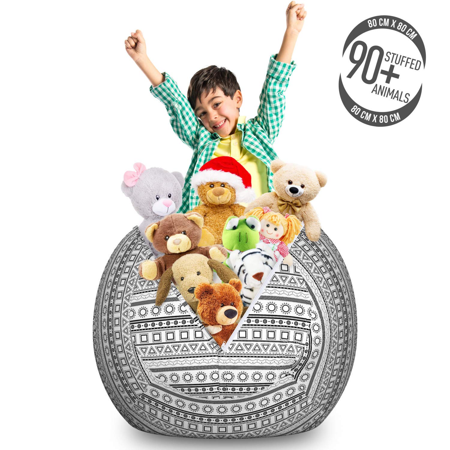 Ambesonne Prehistoric Dinosaur Storage Toy Bag Chair - Large Washable Stuffed Animal Organizer with Geometric Sun Triangles & Squares Print in Black & White - Perfect for Kids' Room, Playroom & Nursery Organization
