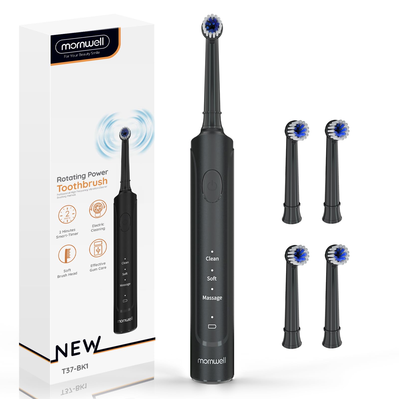 Mornwell Electric Toothbrush - USB Fast Charging, 3 Cleaning Modes, Rechargeable Rotary Toothbrush with 4 Round Brush Heads for Adults & Kids (8+ Years) - Perfect for Travel, Home & Family Oral Care