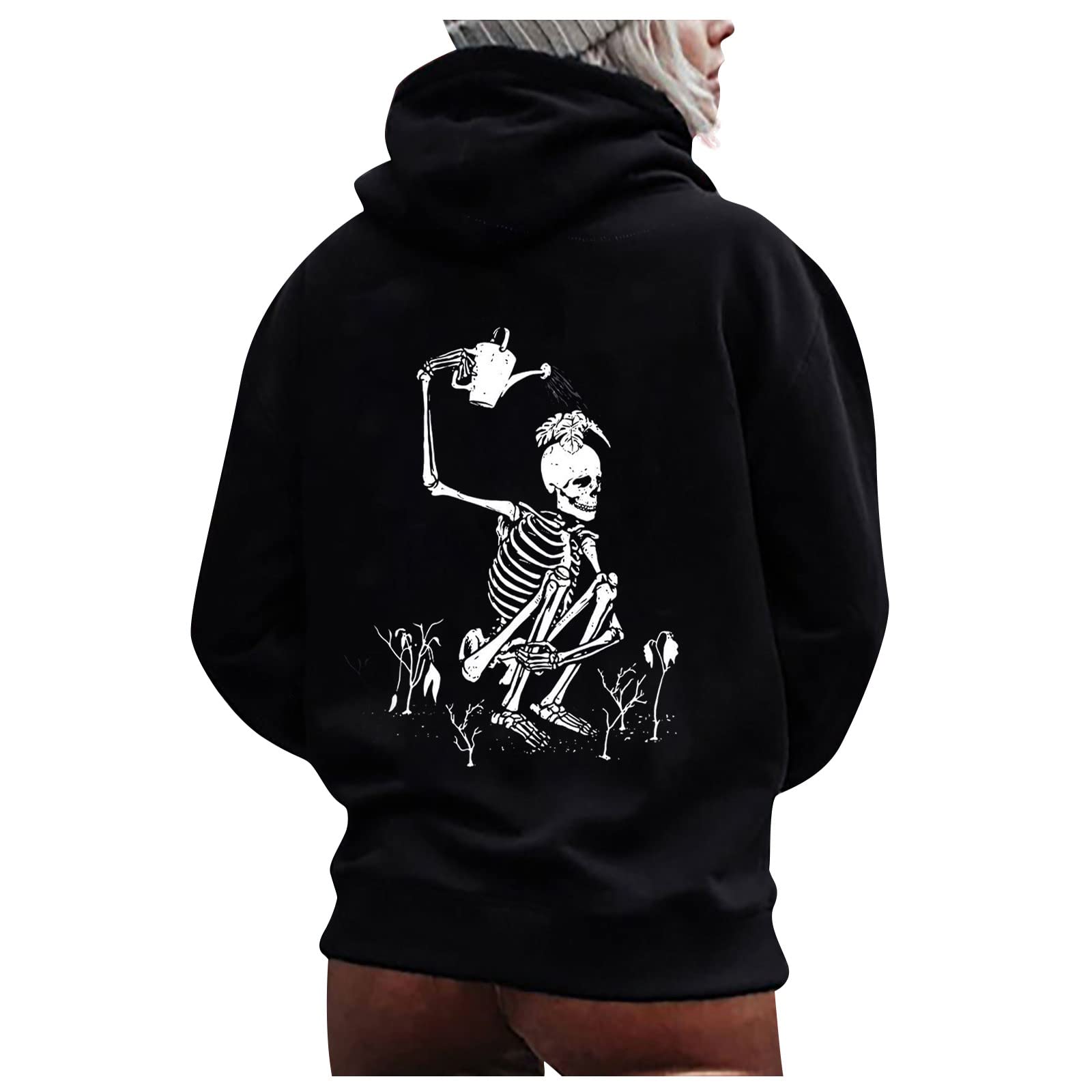 Plus Size Women's Loose Halloween Print Hooded Long Sleeve Sweatshirt - Comfortable Workout Tops for Casual Wear, Gym & Fall Fashion