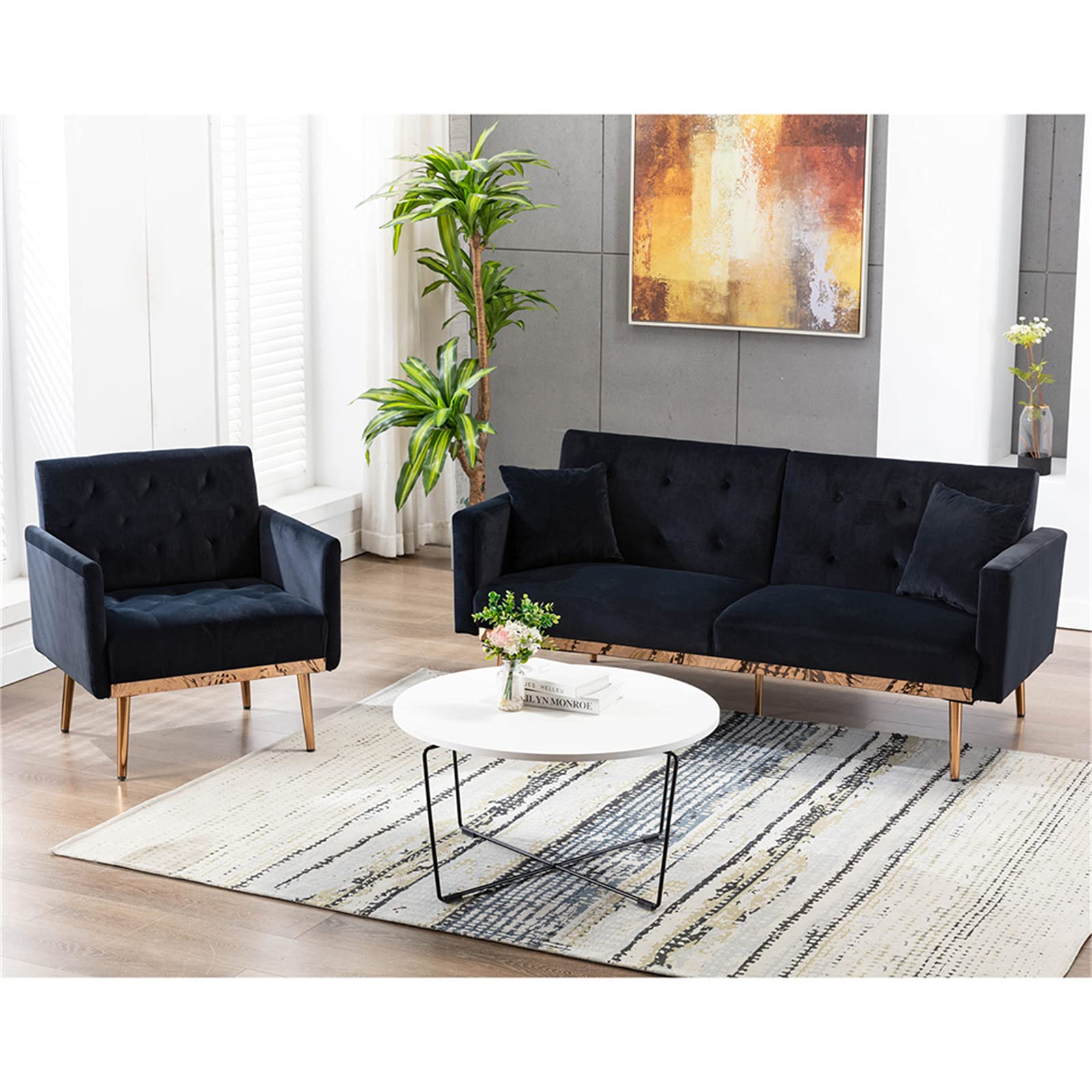 Square Velvet Accent Chair with Golden Metal Legs - Modern Single Sofa for Living Room, Bedroom & Office - Soft Black Upholstery - Perfect for Coffee Nooks, Reception Areas & Cozy Reading Corners
