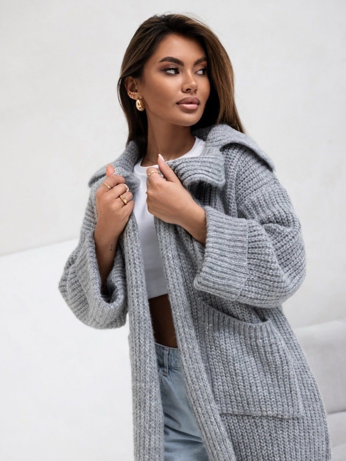 Women's Stylish Pocketed Collared Neck Drop Shoulder Cardigan Sweater - Perfect for Office Wear, Casual Outfits & Fall Layering