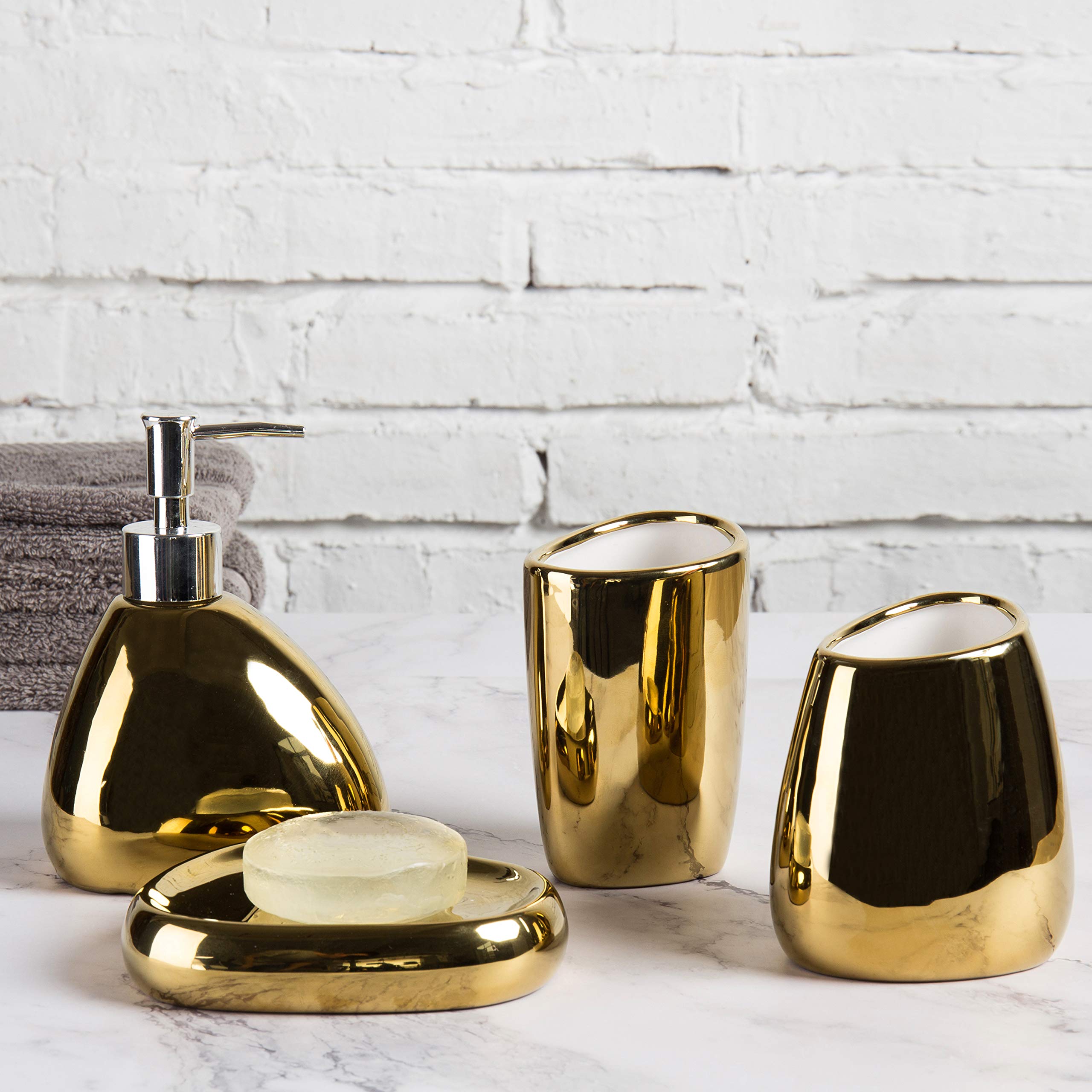**MyGift 4-Piece Modern Ceramic Gold Bathroom Accessories Set - Soap Dispenser, Tumbler, Toothbrush Holder & Soap Dish - Elegant Bathroom Organizer for Home Decor | Perfect for Modern Bathrooms, Guest Baths & Spa-Inspired Spaces**