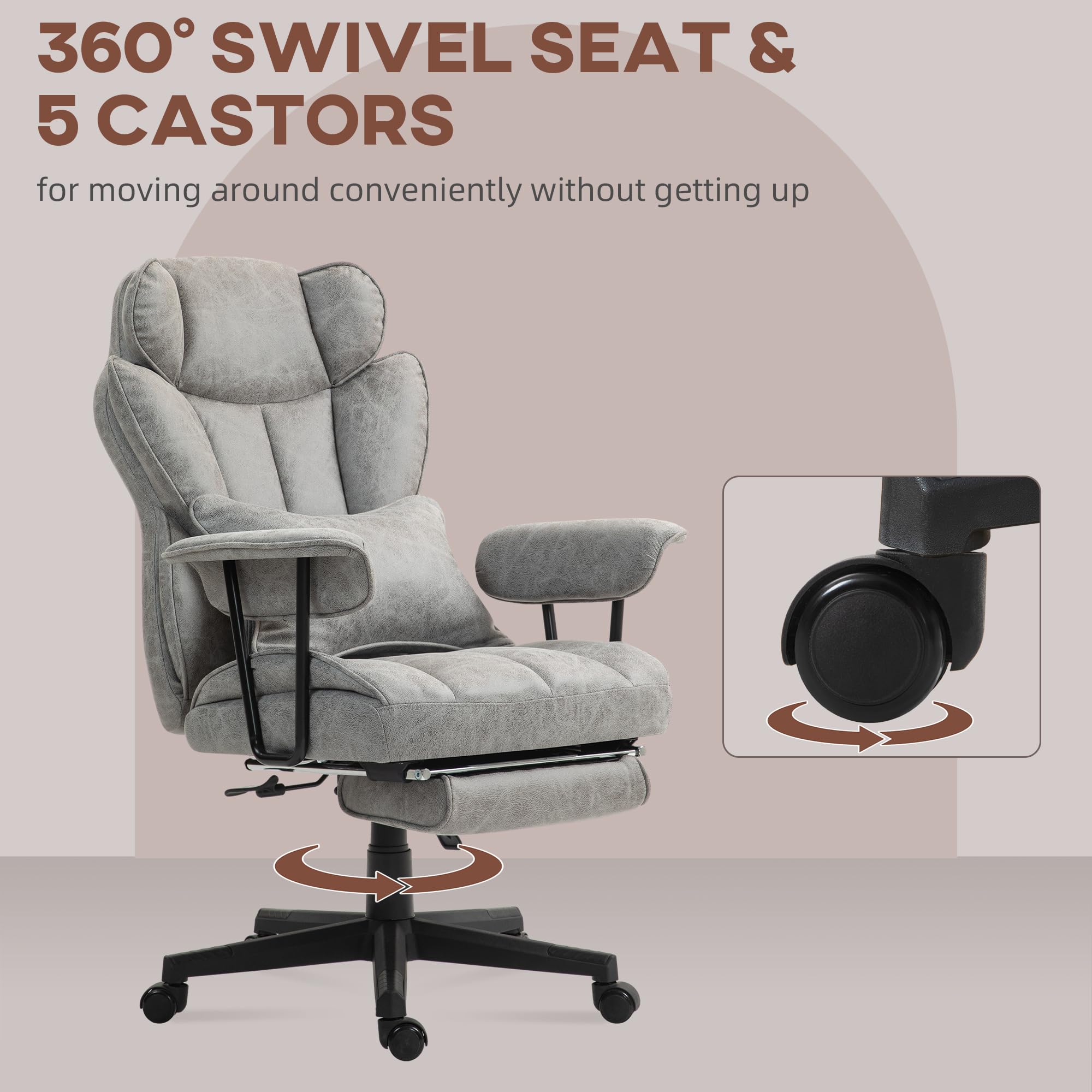HOMCOM 400LBS Big and Tall Executive Office Chair with Footrest - Ergonomic Reclining Computer Desk Chair with Lumbar Support & Wide Seat - Gray Microfiber - Perfect for Home Office, Gaming & Workspaces