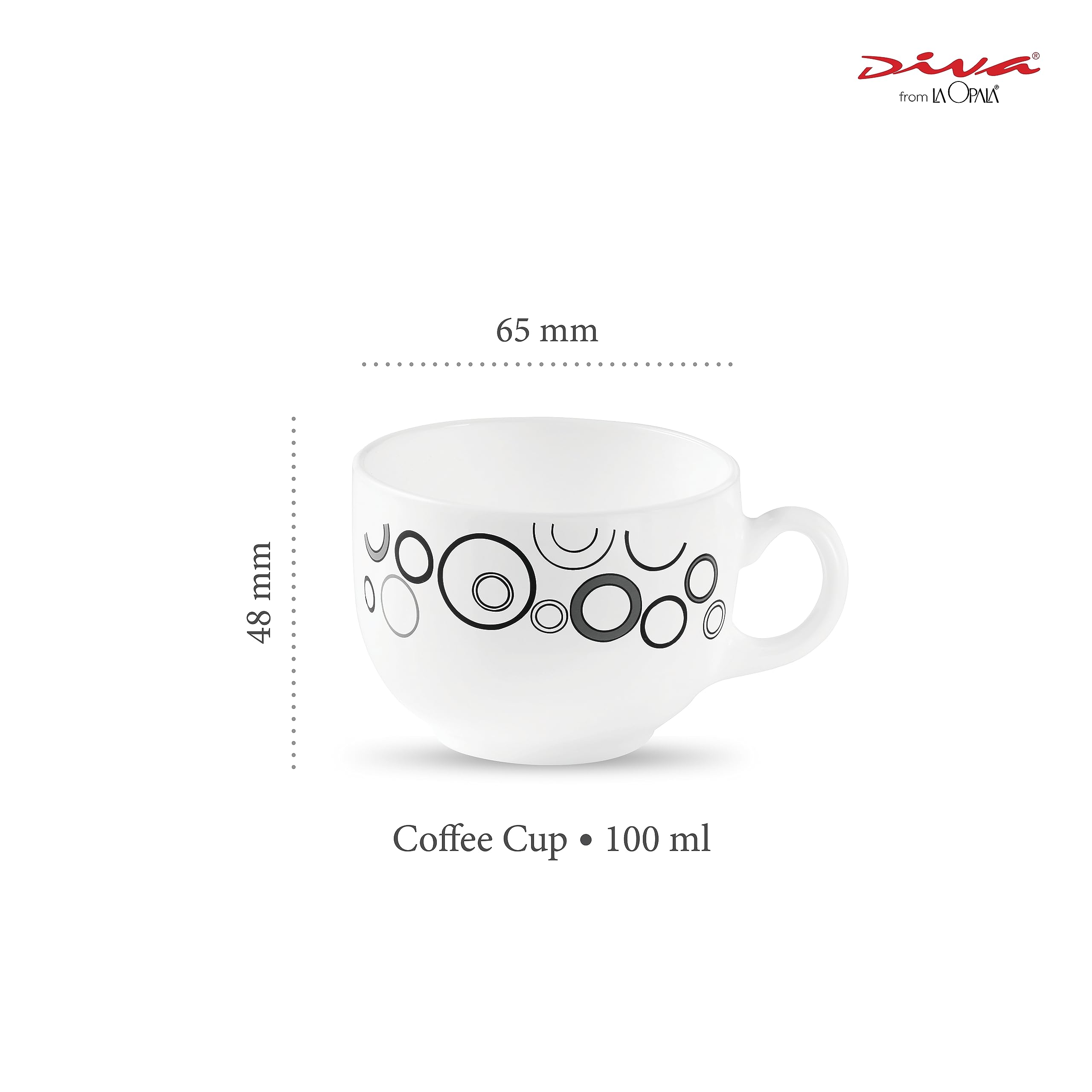 La Opala Diva Opal Glass Coffee Mugs Set of 6 - 100ml Misty Drops Design for Tea & Coffee - Microwave Safe, Ultra Durable & Lightweight - Perfect for Home, Office & Gifts