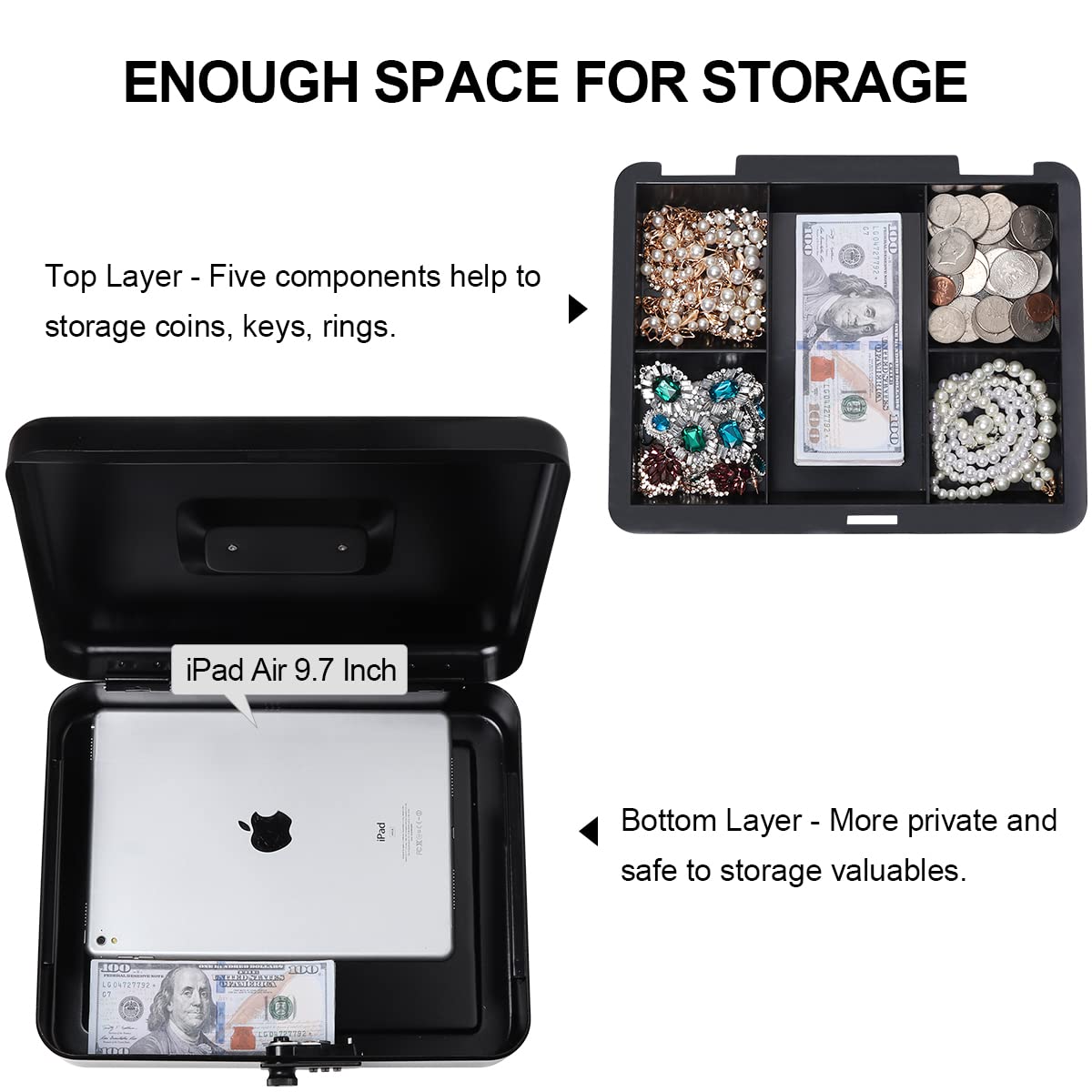 Kasten Heavy Duty Metal Cash Box with Money Tray & Combination Lock - Large Black Money Storage Box (11.8
