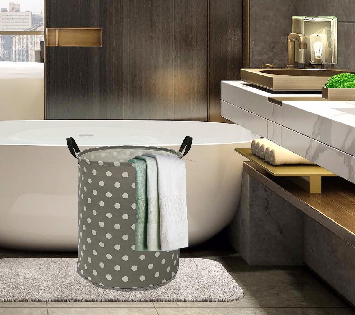 Waterproof Canvas Storage Bin & Laundry Hamper with Handles - Multi-Purpose Clothes Basket, Toy Organizer, Nursery Hamper for Home, Office, Dorm (Gray Dot) | Perfect for Closet Organization, Baby Room Storage & Gift Basket
