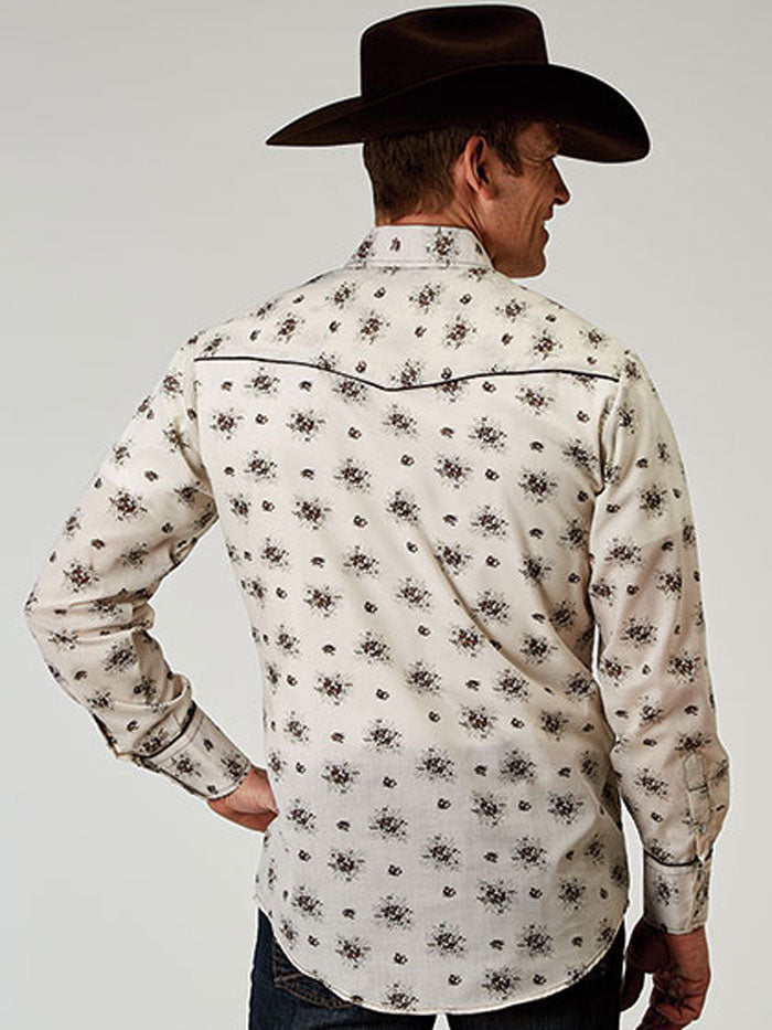 Roper Men's Long Sleeve Western Shirt - Classic Cowboy Style Button Up Shirt with Snap Closure, Comfortable Cotton Blend (Cream, Size 0352) - Perfect for Rodeo, Country Music Festivals & Casual Western Wear