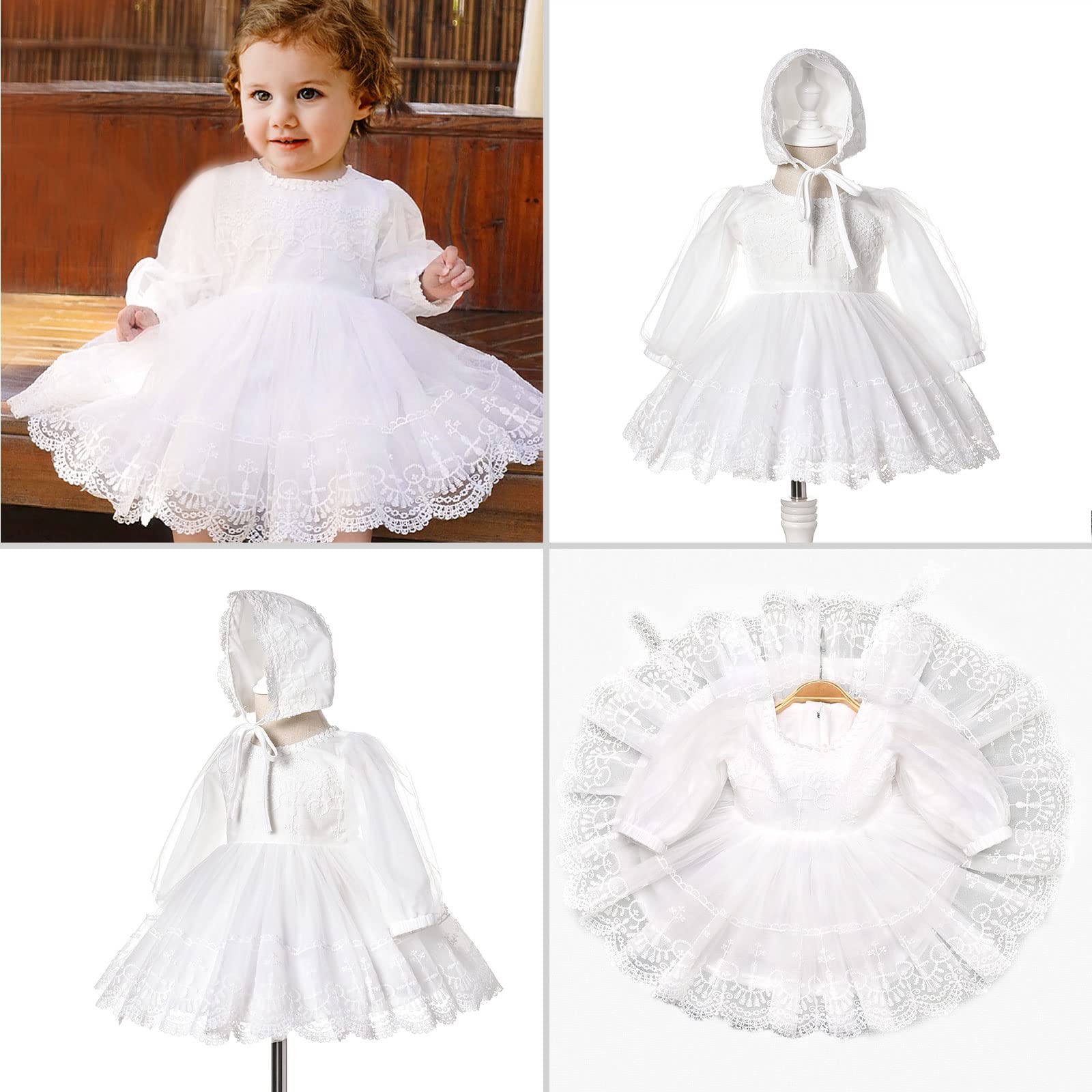 Curipeer Baby Girl White Christening Dress - Newborn Tulle Party Gown for Special Occasions, Baptism & First Birthday Celebrations