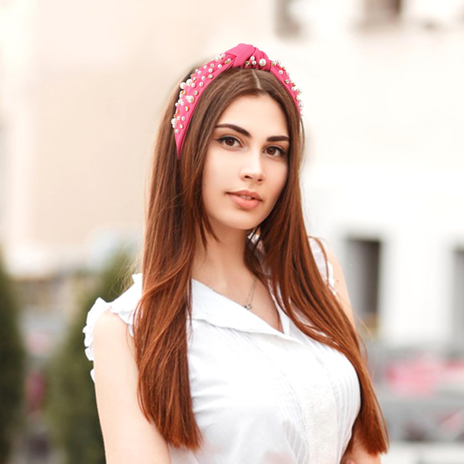 GAFATORY Sparkling Rhinestone Pearl Headbands for Women & Girls - Elegant Wide Knotted Beaded Headband in Hot Pink - Perfect for Weddings, Parties, and Everyday Hair Accessories