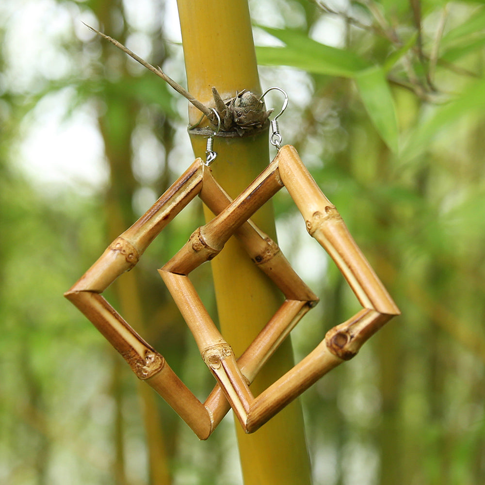 Natural Bamboo Diamond Shaped Hoop Earrings for Women - Lightweight Boho Dangle Earrings for Everyday Wear, Date Night & Special Occasions