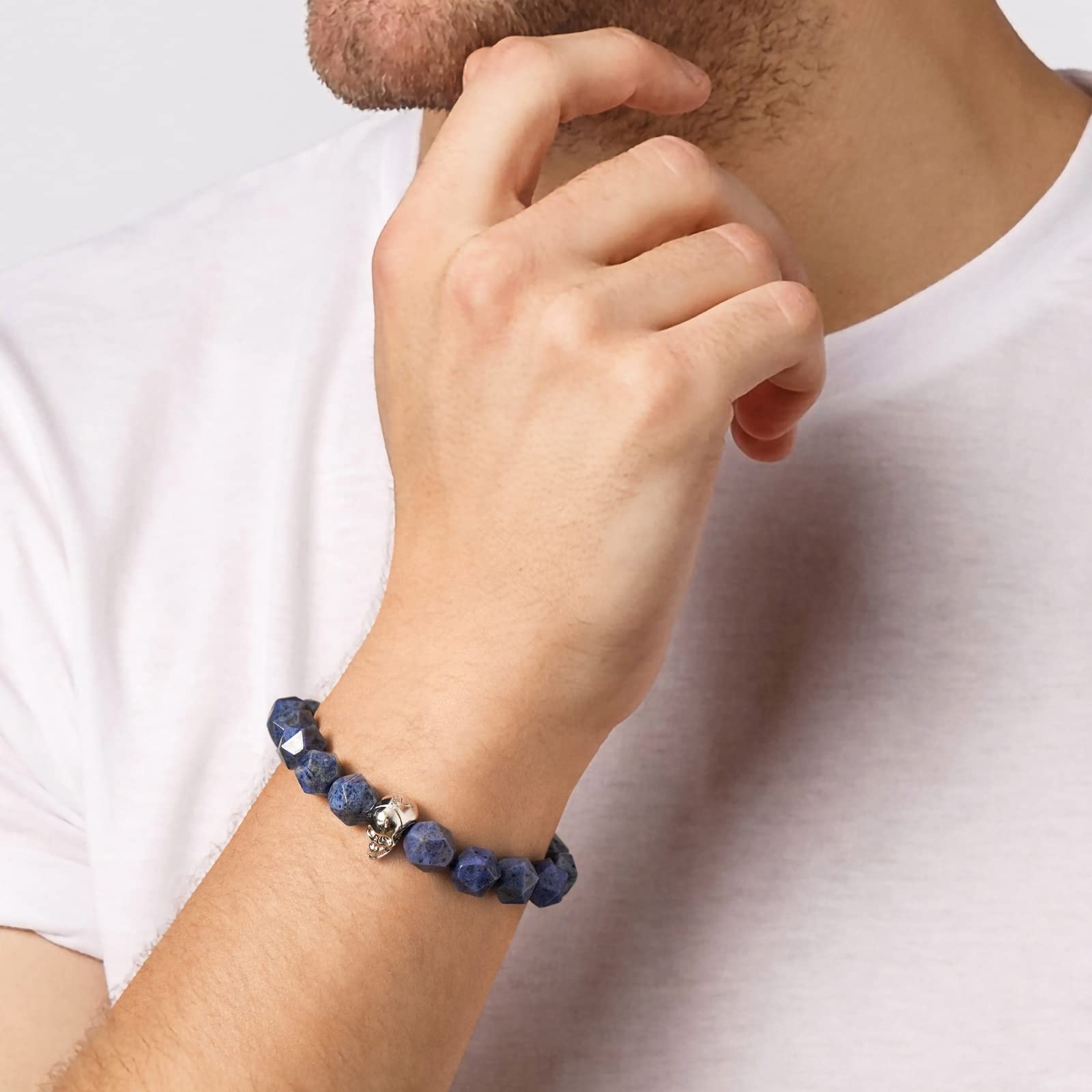 Men's Adjustable Braided Beaded Bracelet with Sterling Silver Skull Charm - 10mm Natural Dumortierite & Dragon Blood Jasper Gemstone - Spiritual Healing Jewelry Gift for Boyfriend, Husband - Perfect for Meditation, Yoga & Everyday Wear (6.1''-7.9'')
