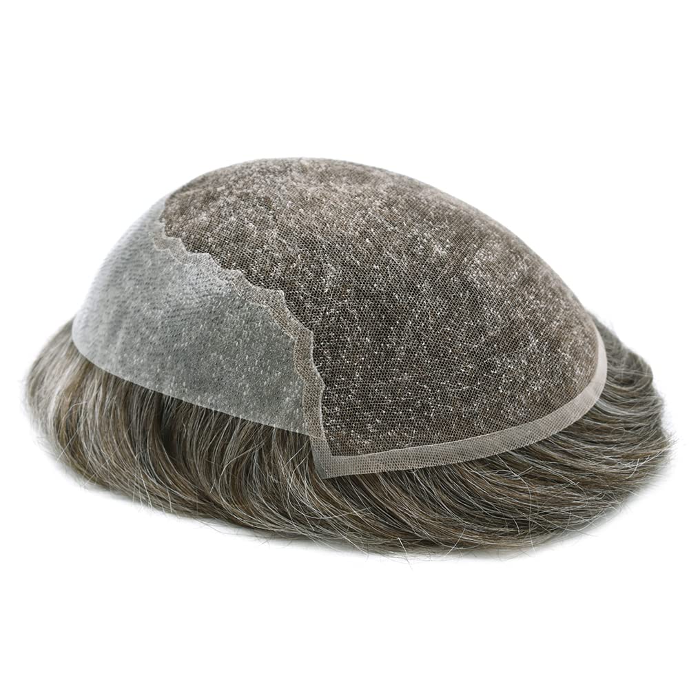 100% European Real Human Hair Swiss Lace Front Toupee for Men - Medium Brown with 50% Gray - 8x10 Inch - 100% Density - Bleached Knots - Natural Hair Replacement System for Thinning Hair & Baldness - Perfect for Daily Wear, Special Occasions & Confidence Boost