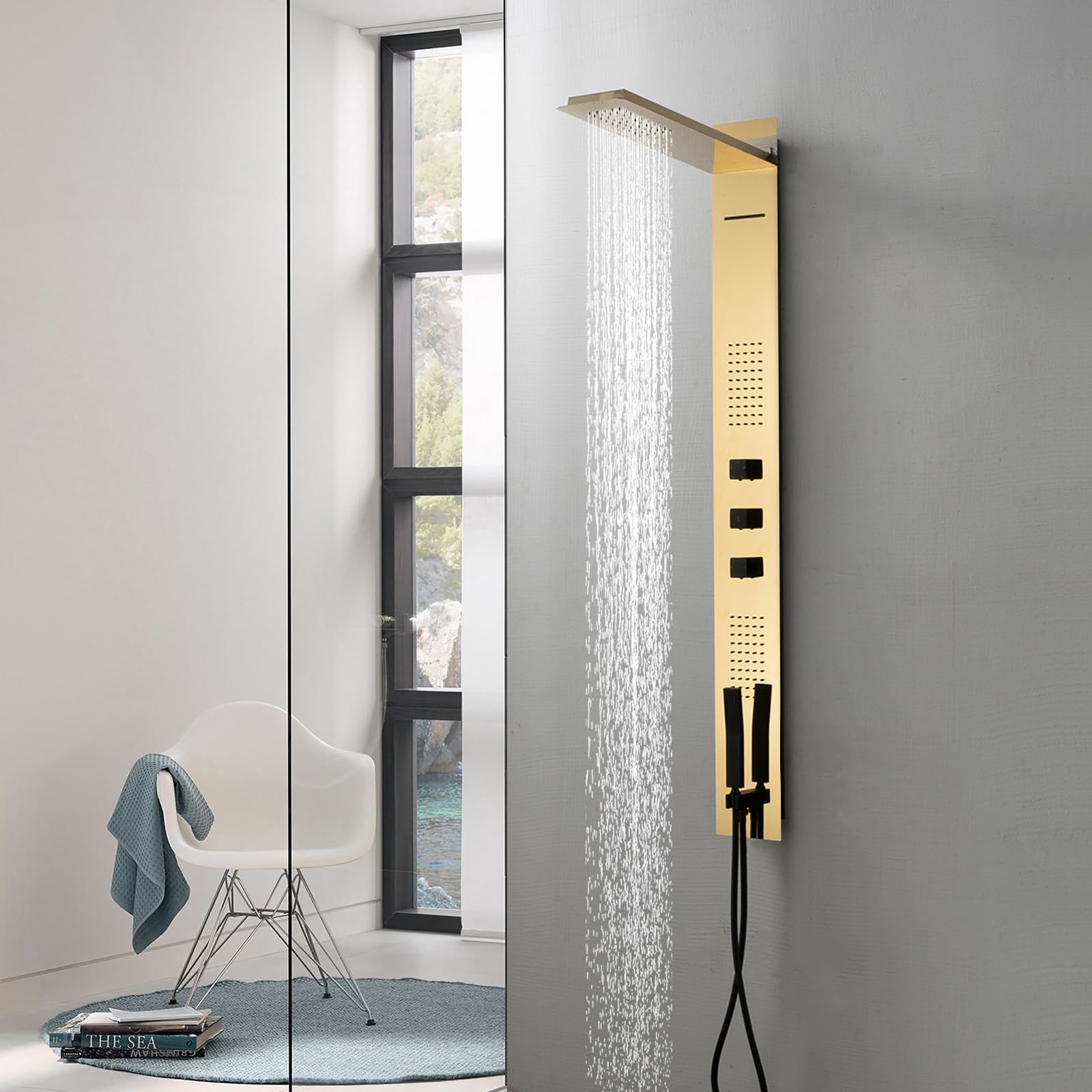 Premium Polished Gold Shower Panel Tower System - Multi-Function Shower System with Body Jets, Handheld Sprayer, Rainfall Shower Head & Waterfall Outlet - Stainless Steel Wall Mount for Luxury Bathroom & Spa Experience - Perfect for Modern Home, Hotel & Relaxation Spaces