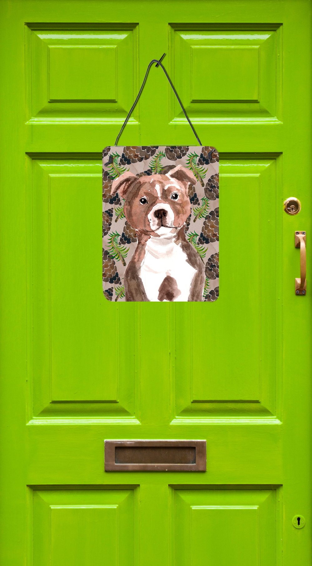 Red Staffie Bull Terrier Pine Cones Metal Wall Art Sign - 12x16 Inch Aluminum Hanging Plaque for Kitchen, Bar, Bathroom & Front Door Decor - Perfect for Dog Lovers & Home Decoration