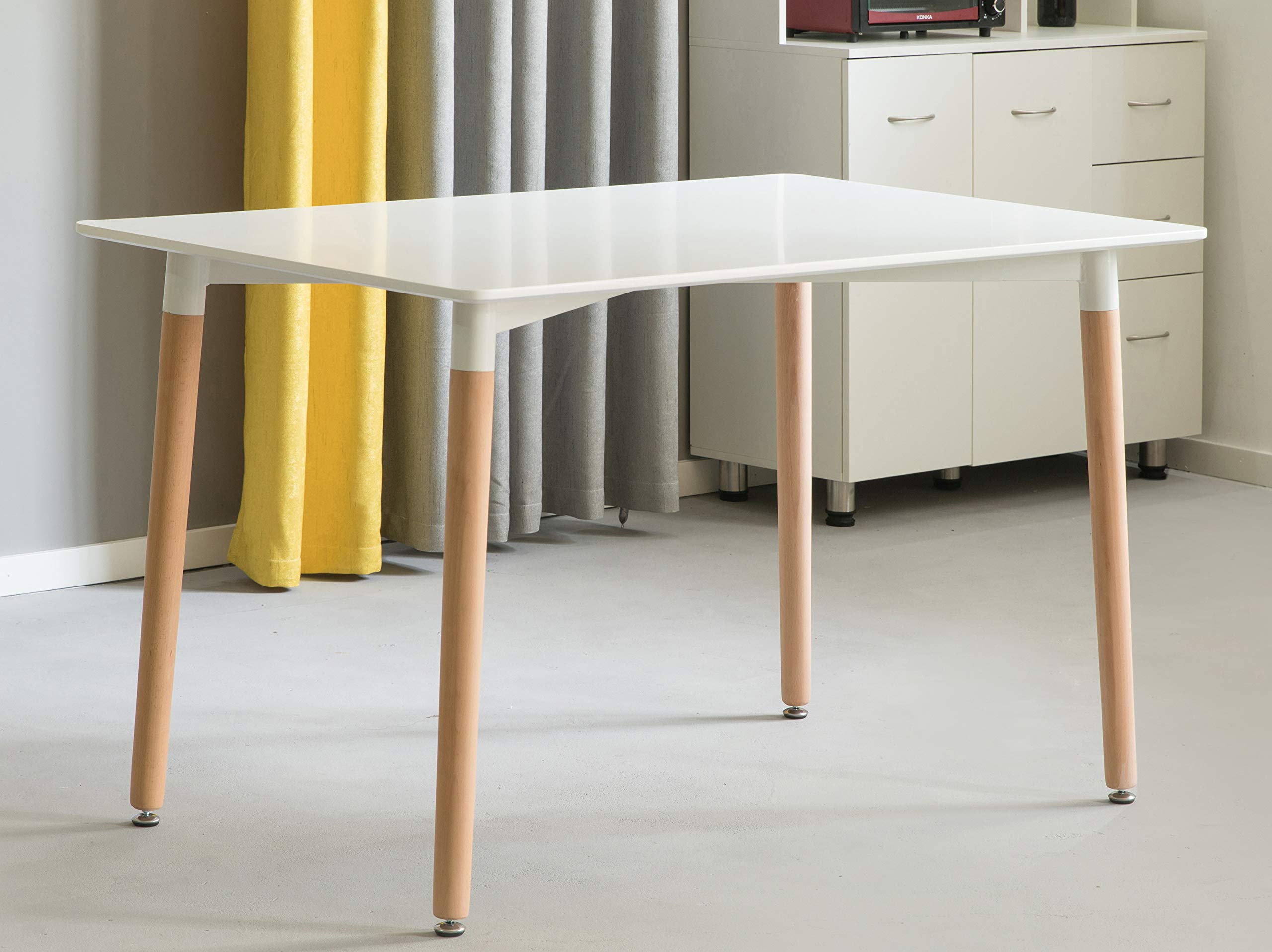 Mid-Century Modern 4 Ft. Rectangular Dining Table - White Plastic Top & Solid Beech Wood Legs | Perfect for Small Spaces, Apartments, and Contemporary Dining Rooms